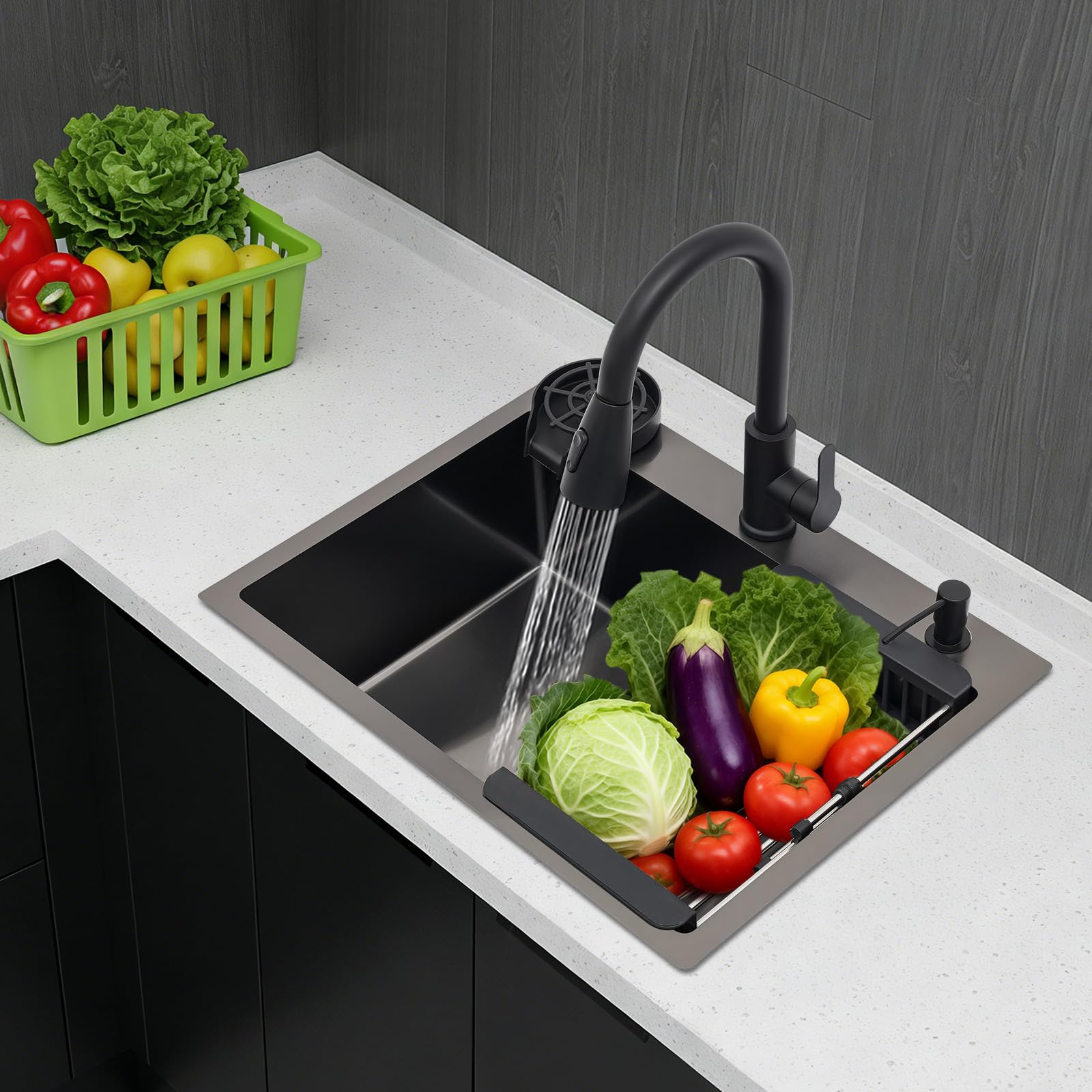 Fregadero de cocina negro, 60 x 45 cm, de acero inoxidable, con soporte para tazas, grifo extensible, dispensador de jabón, escurridor, fregadero empotrable para cocina, hogar, baño