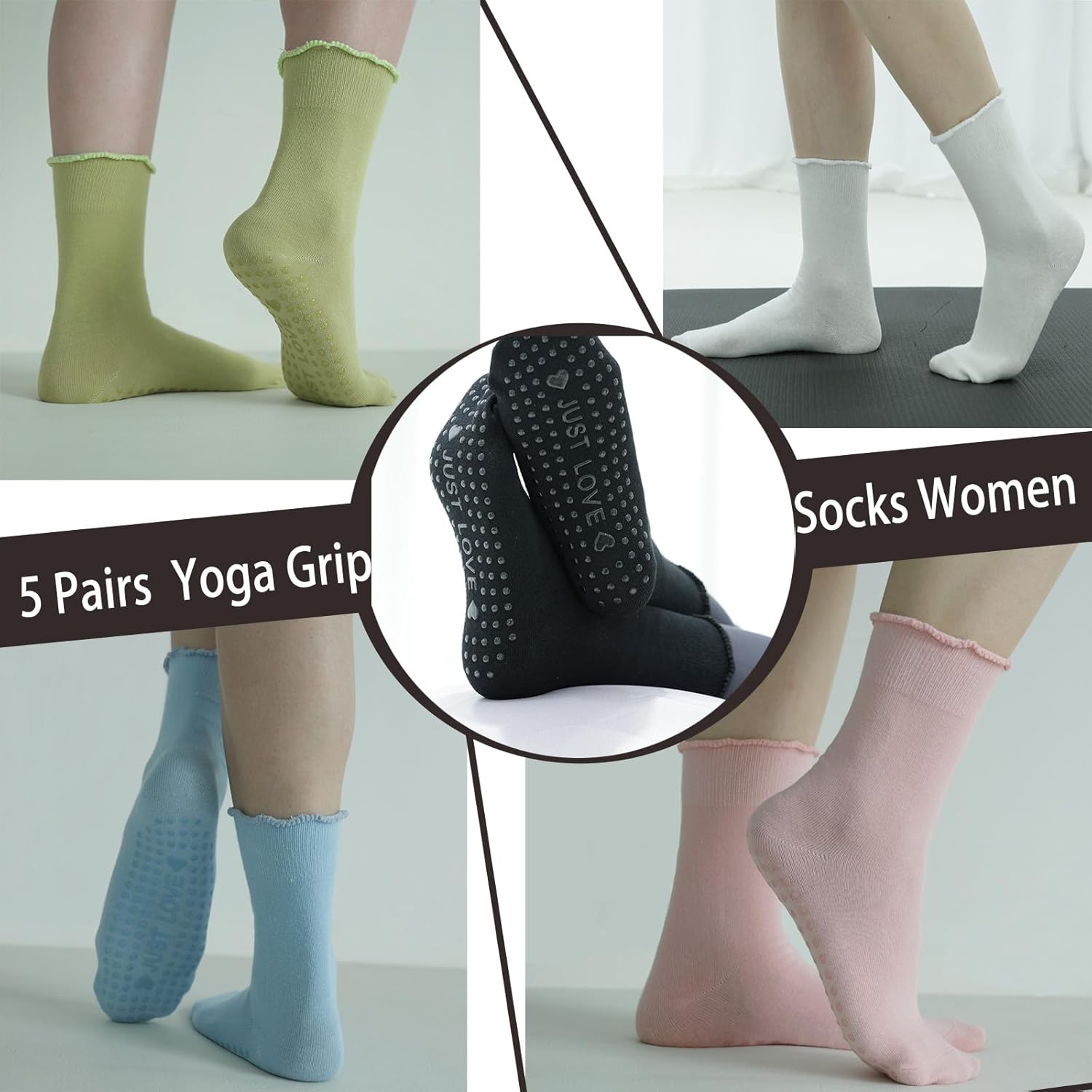 5 Pairs Yoga Grip Socks Women, Non Slip Pilates Sock, 100% Cotton Ladies Mid-Calf Grippy Socks for Ballet - Image 2