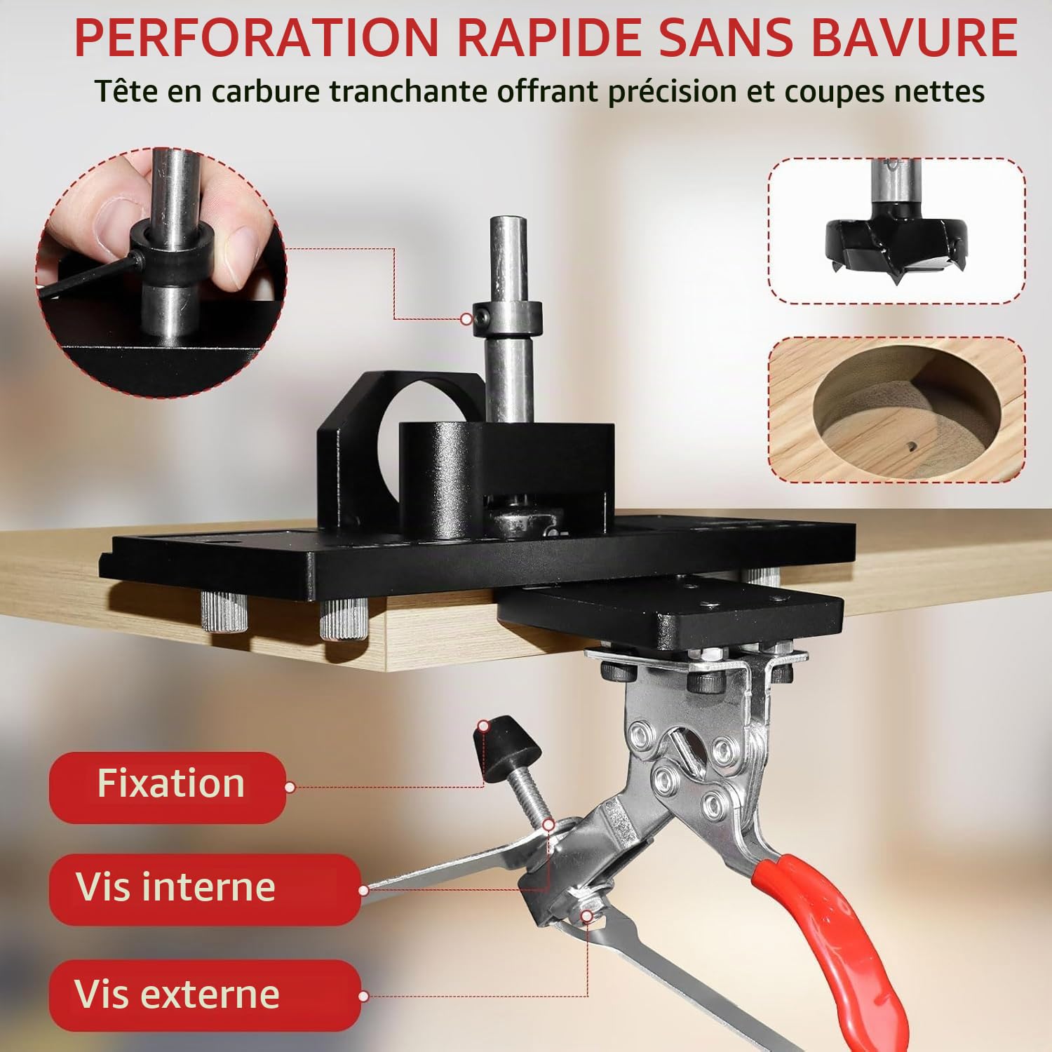 Gabarit de Charnière Invisible en Métal 35 mm, Gabarit de Perçage pour Charnière de Porte avec Serrage Rapide et Adaptateur d’Aspiration, Gabarit de Perçage pour Charnière d’Armoire