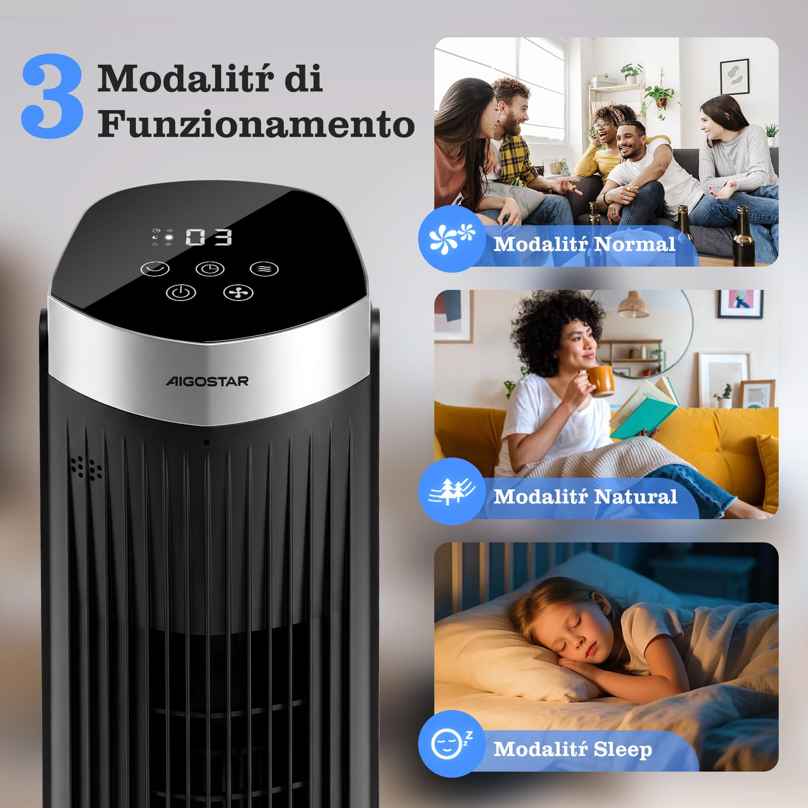 Aigostar Ventilatore a Torre Silenzioso con Telecomando e Timer 12H, 3 Modalità (Normale/Naturale/Sleep), 3 Velocità Regolabili, Oscillazione, LED Display, 28 dB, Portata Aria 1752m³/h, Nero *2