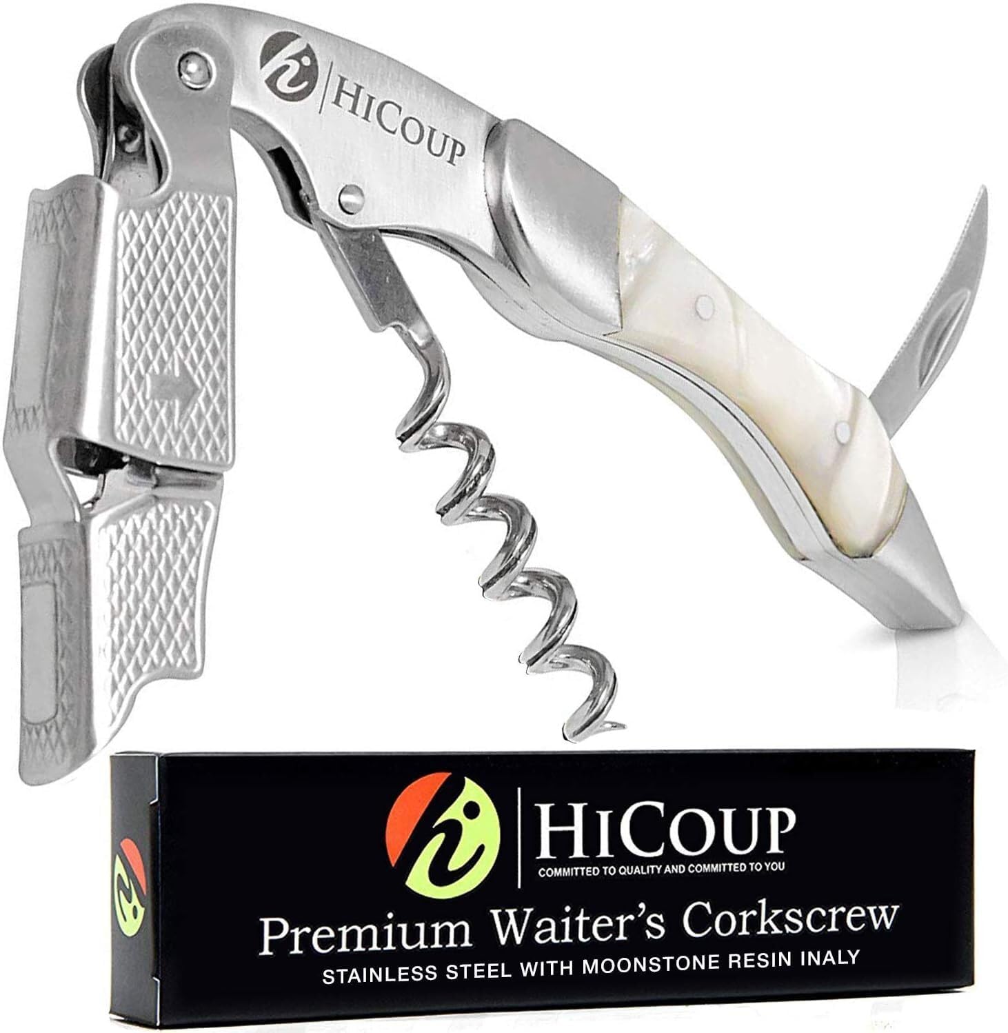 HiCoup Wine Opener - Professional Corkscrews for Wine Bottles w/Foil Cutter and Cap Remover - Manual Wine Key for Servers, Waiters, Bartenders and Home Use - Moonstone Resin & Steel
