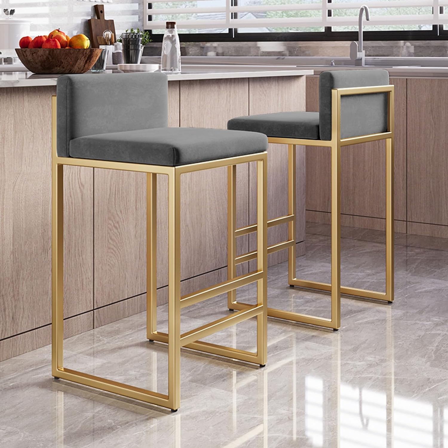 Zestaw 2 Welurowych Hokerów Barowych Z Oparciem, Metalowa Rama, Czarna Poduszka, Złote Nogi – Idealne Do Kuchennej Wyspy I Pubu, Wysokość 75 Cm, Stylowe I Wygo,Gray Cushion+gold-65cm