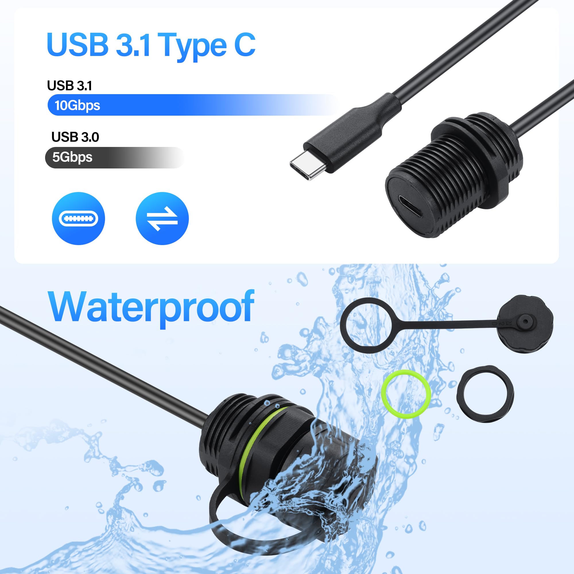 QIANRENON 10 Gbps USB C 3.1 attacco filettato cavo corto adattatore USB tipo C 3.1 maschio a femmina incorporato, cavo di montaggio impermeabile PD 60 W 4 K @60 Hz, per mobili/auto/RV