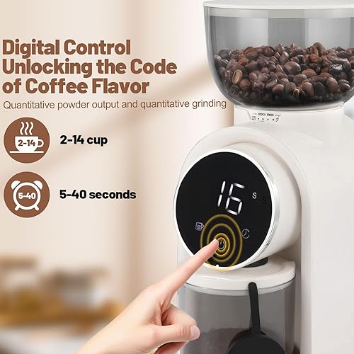 Miniatura 5 de Molinillo de café eléctrico con pantalla táctil, 2-14 tazas, molinillo de café cónico con 25 ajustes de molienda, cepillo de limpieza, molienda