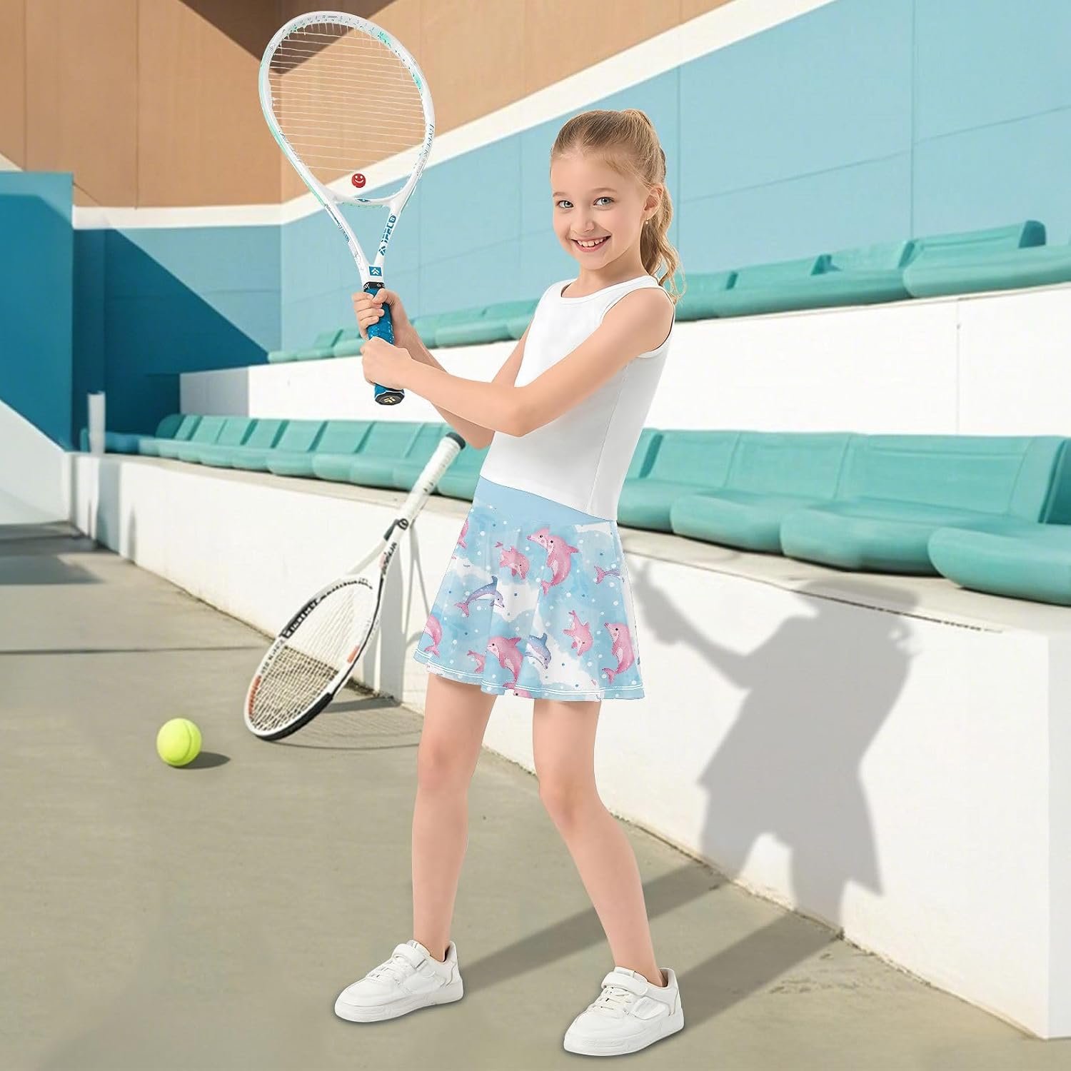 visesunny Pink Purple Dolphin Girl's Golf Skirt Athletic Tennis Skort Sport Activewear with Double Layer Pockets