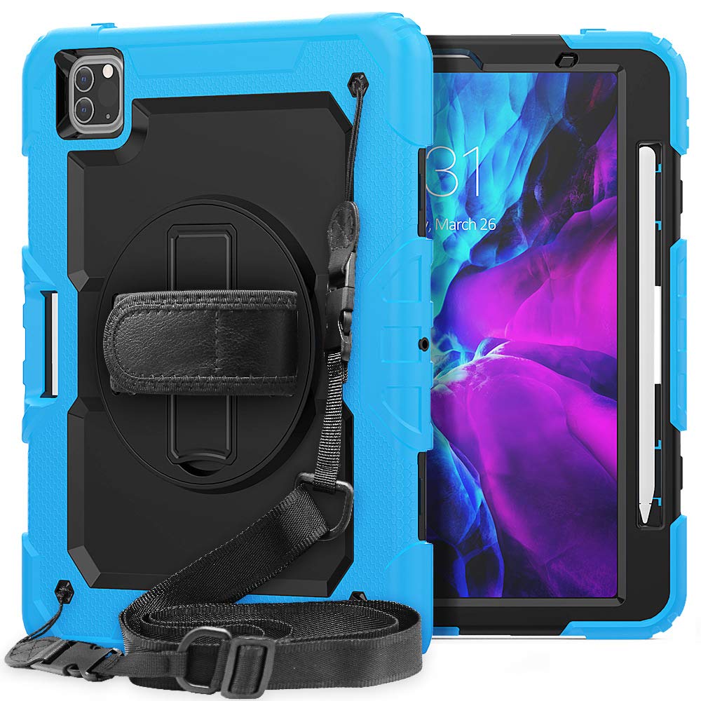 iPad Pro 12.9" Case, 2018/2020/2021 Shockproof Case with Screen Protector, 360 Degree Rotatable Stand/Shoulder Strap, Pen Holder, Blue