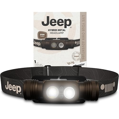 Energizer Jeep Hybrid Rechargeable Metal LED Headlamp, 2,000 Lumens, Bright Headlamp with Power Source Flexibility for Any Adventure on or Off Road