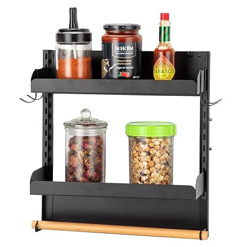 Fashionwu Estantes magnéticos para especias para nevera, organizador de especias magnético de 2 niveles con soporte para toallas de papel para