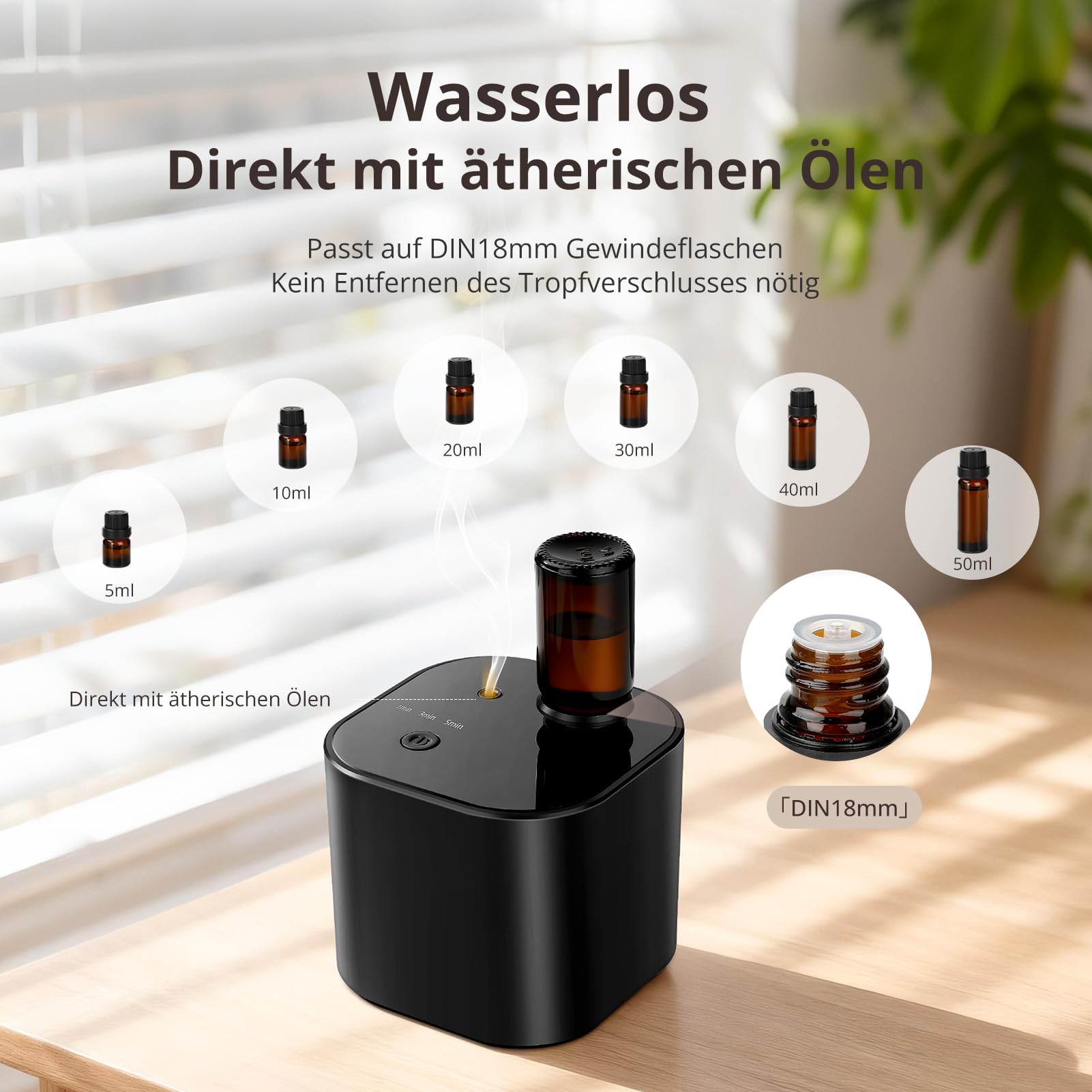 Diffuseur d'huiles essentielles sans fil - Diffuseur d'aromathérapie avec 10 ml d'huile de thé blanc et 3 modes de pulvérisation, air froid ultrasonique silencieux, batterie 2000 mAh et USB-C pour la