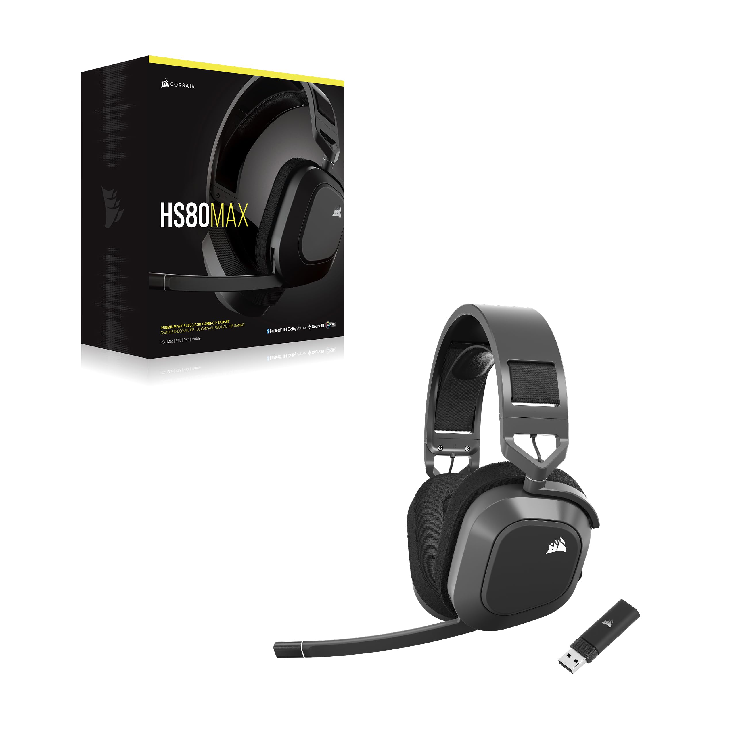 CORSAIR HS80 MAX WIRELESS Multiplattform-Gaming-Headset Mit Bluetooth – Dolby Atmos – Omnidirektionales Mikrofon – iCUE-Kompatibel – PC, Mac, PS5, PS4, Switch, Mobil – Stahlgrau
