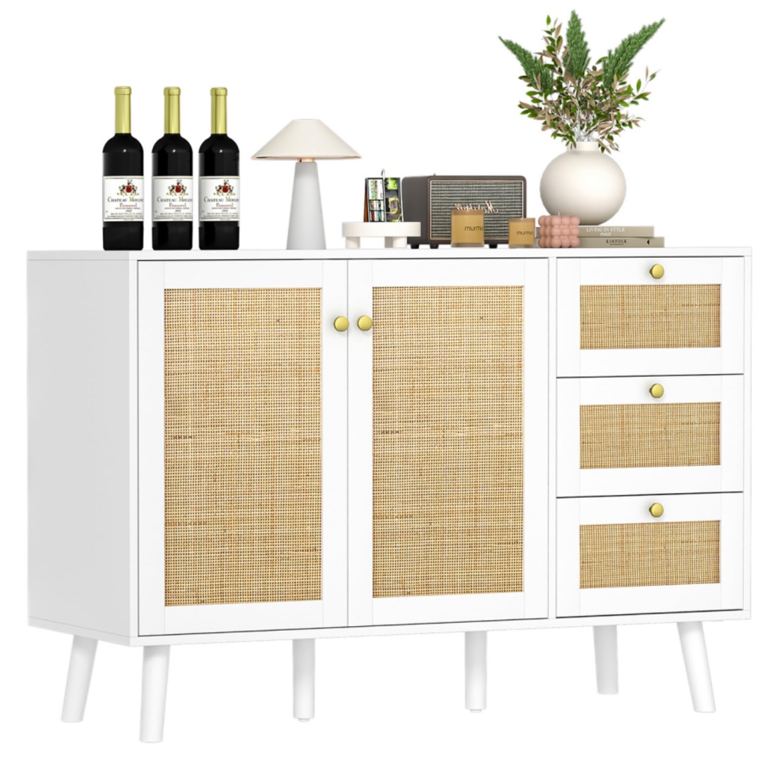 Rattan Sideboard Kommode, Weiß Aufbewahrungsschrank mit 2 Rattan Türen und 3 Schubladen für Esszimmer, Küche und Wohnzimmer, Küchenbuffet mit Verstellbares Regal Sideboard，120x40x82cm