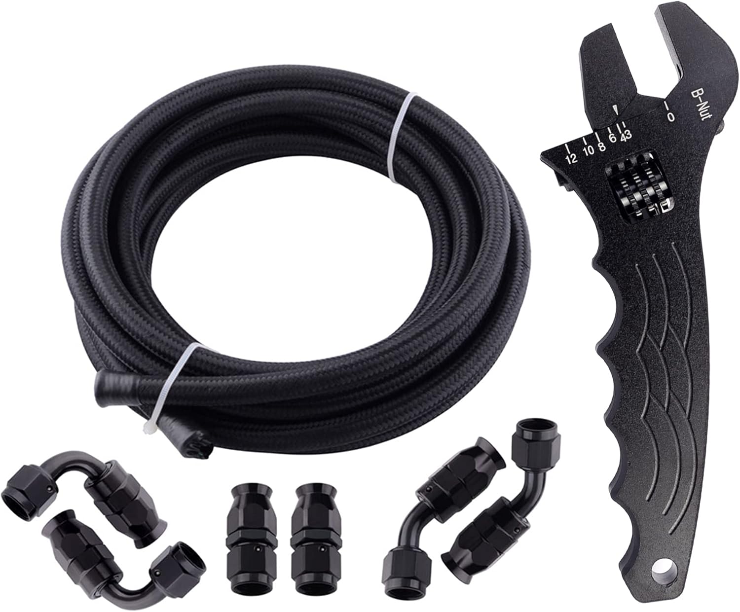 EVIL ENERGY 6AN 3/8" PTFE E85 Hose Braided Fuel Injection Line Fitting Kit 10FT Bundle with AN 3-12 Adjustable Wrench Spanner Fitting Tools