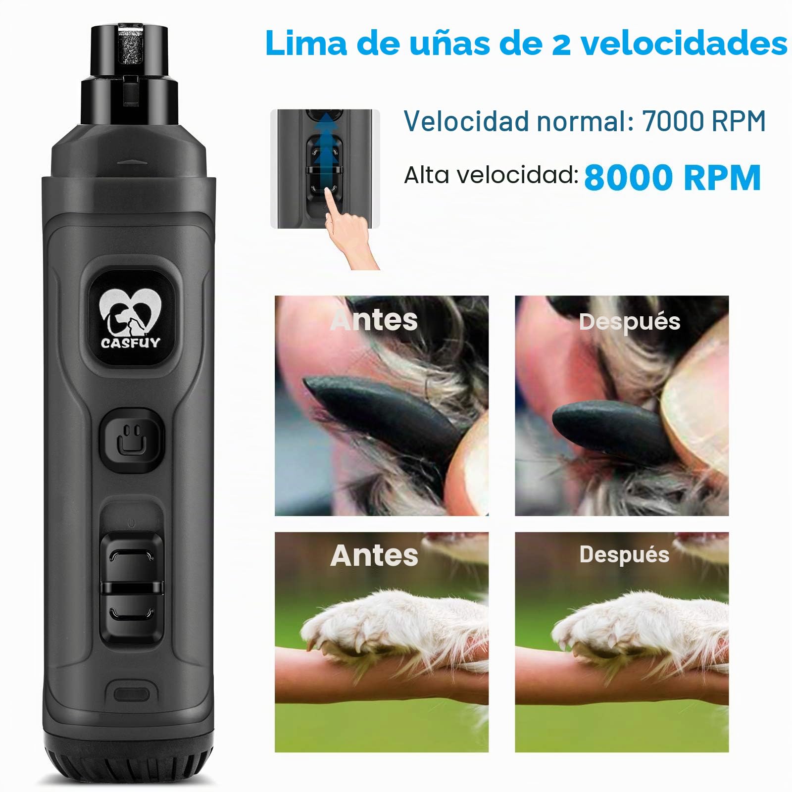 Casfuy Lima de Uñas Eléctrica para Perros con 2 Luces LED - Potente Cortador de uñas eléctrico para Mascotas de 2 velocidades Cuidado y alisado de Patas para Perros y Gatos de Todos los tamaños