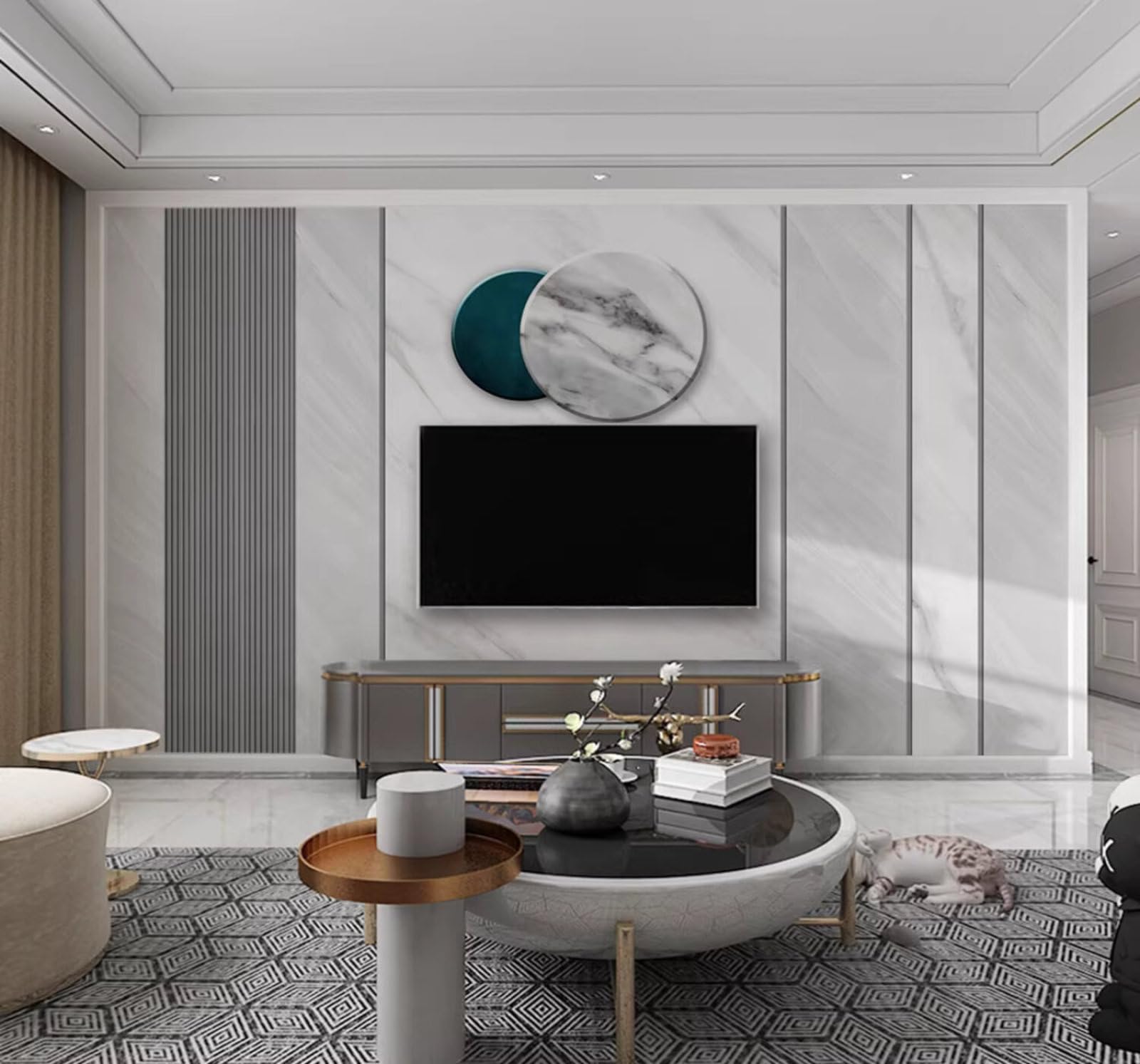 Affordable Luxury Lattice Lines Circles Faux Marble 3D Wallpaper Easy Install Feature Office Living Room Sofa Bedroom TV Background Wall Decoration-200cm×140cm