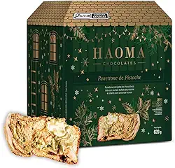 Haoma Panettone Trufado Pistache, Massa de Fermentação Natural, com Gotas de Chocolate ao Leite e Cobertura de Chocolate Branco, Sem Açúcar Adicionado, 620g