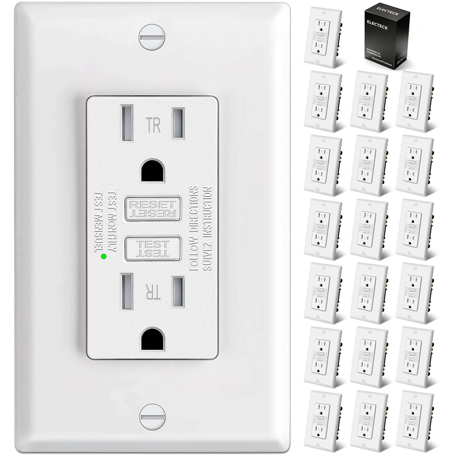 Photo 1 of ELECTECK 20 Pack GFCI Outlets 15 Amp, Tamper Resistant (TR), Ultra Slim GFI Receptacles with LED Indicator, Ground Fault Circuit Interrupter, Decor Wallplate Included, ETL Listed, White