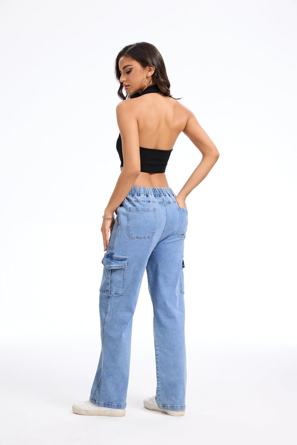 SESERAGI Cargo Jeans for Women Stretchy Baggy Wide Leg Drawstring Work Denim Pants with 6 Pockets Trousers - Image 2