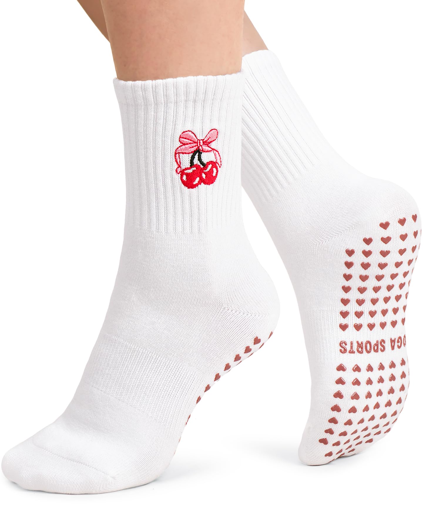 yeuG Pilates Grip Socks for Women Grippy Yoga Socks Cute Barre Non Slip Athletic Crew Sticky Sock Workout Embroidery Pattern