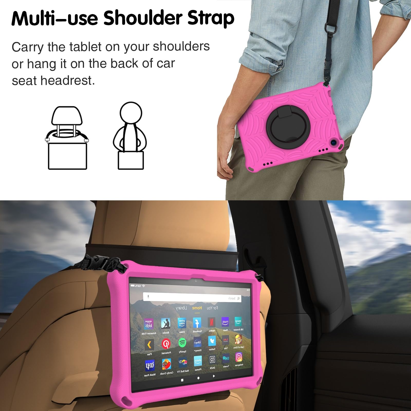 Etui na tablet Odporna na wstrząsy dziecięca obudowa kompatybilna z Kindle Fire HD 8 / Plus (2020/2022), lekka obrotowa podstawka uchwytem i paskiem ramię(ROSE RED)