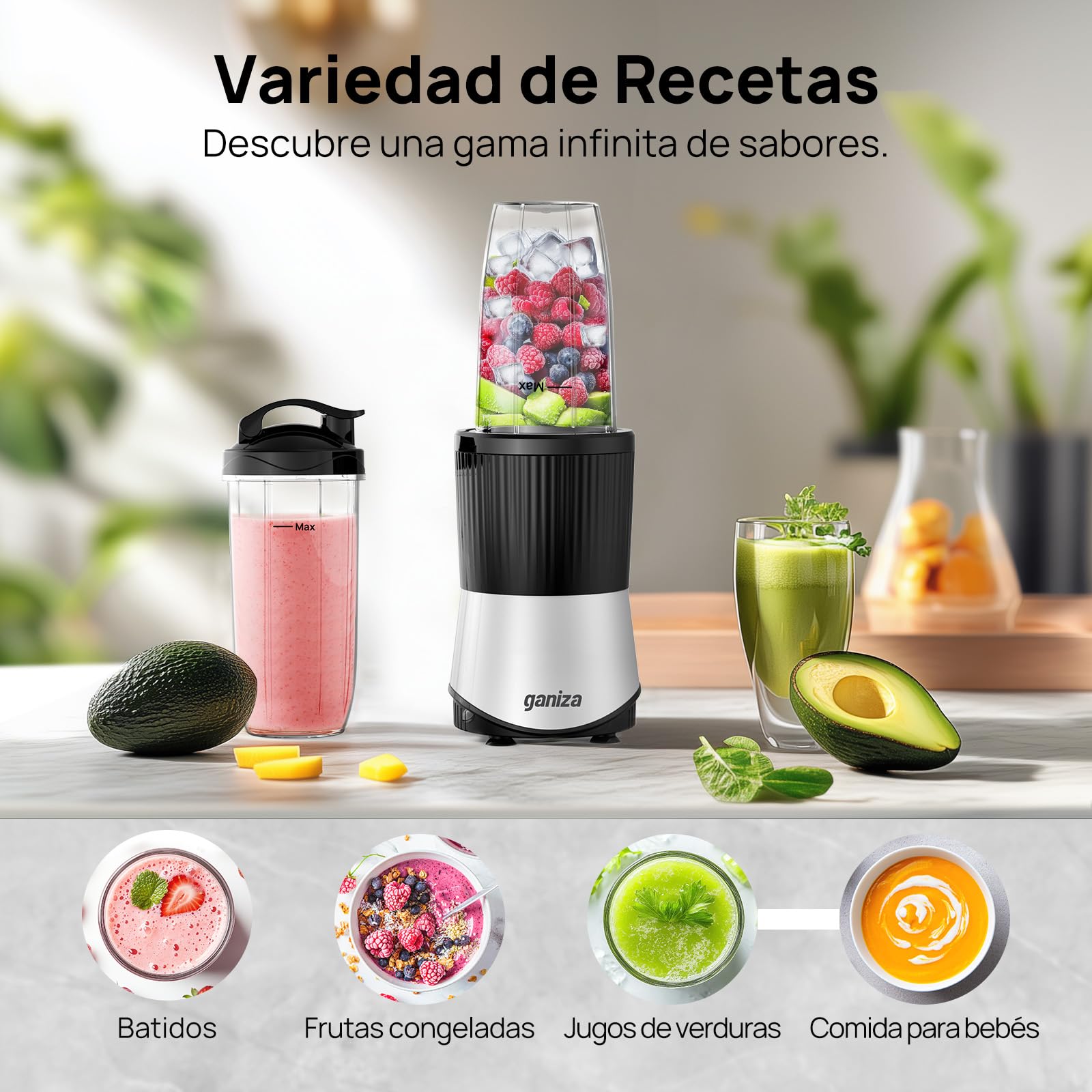 Ganiza Batidora de Vaso, Minilicuadorade 900 W, 25 000 RPM, 3 Vasos Tritan para Llevar (300 ml, 500 ml y 700 ml), 4 Cuchillas Asimétricas, para todo tipo de Batidos y Smoothies