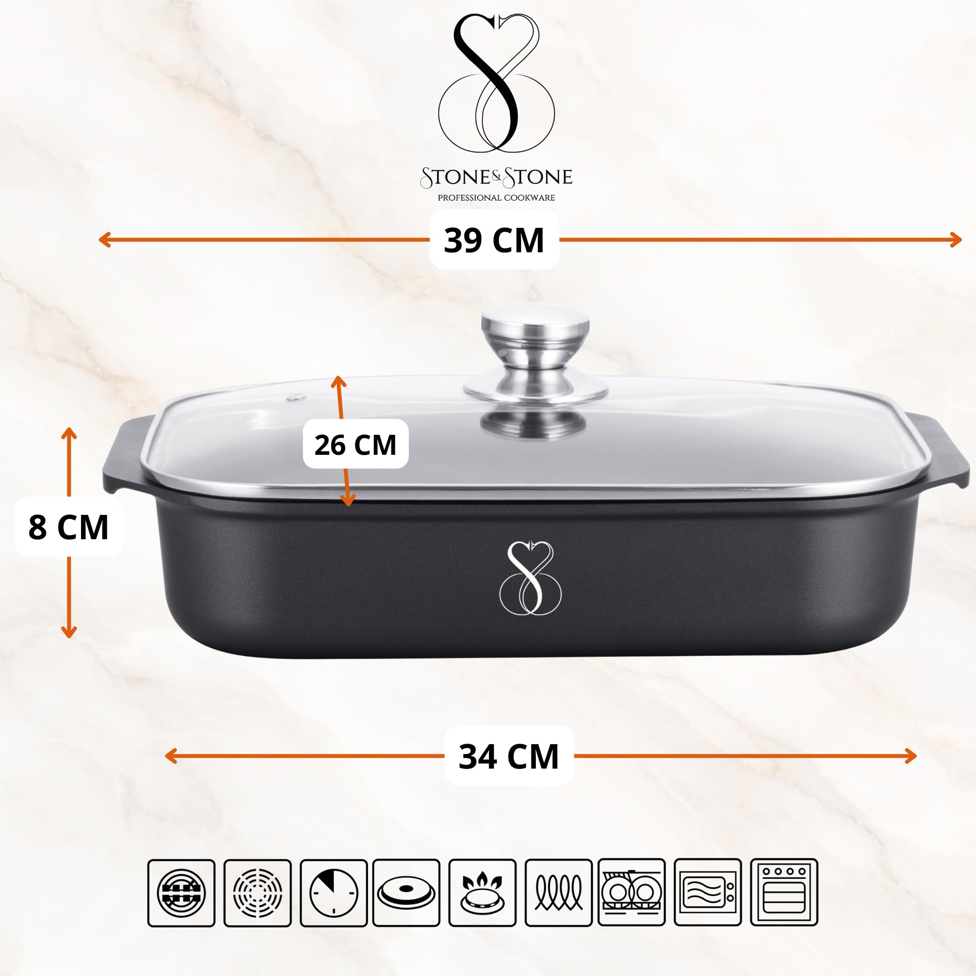 Stone&Stone Plat à Four Antiadhésif 34x8 cm Rectangulaire, Plat à Gratin Plat Lasagnes avec Revêtement Céramique Allemand Greblon Pour Induction Gaz et Four Sans PFAS PFOA PTFE + Couvercle Spatule