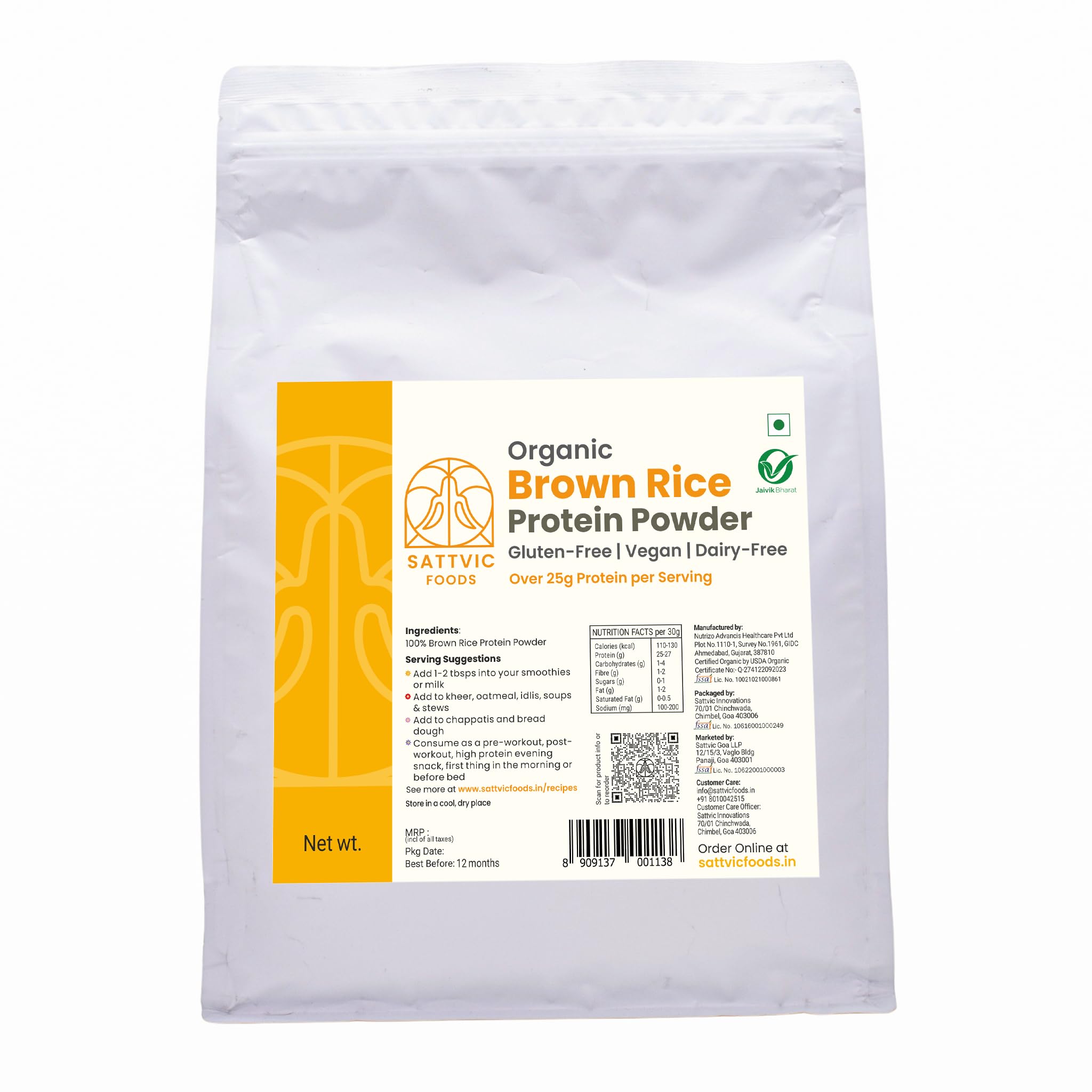Sattvic Foods Brown Rice Protein Powder (1 kg Bag) | Certified Organic, Over 25 g Protein Per Serving | Plant-Based, Unflavoured, No Sugar, No Lactose, Muscle Builder | Mix into Smoothies & Recipes-image-26