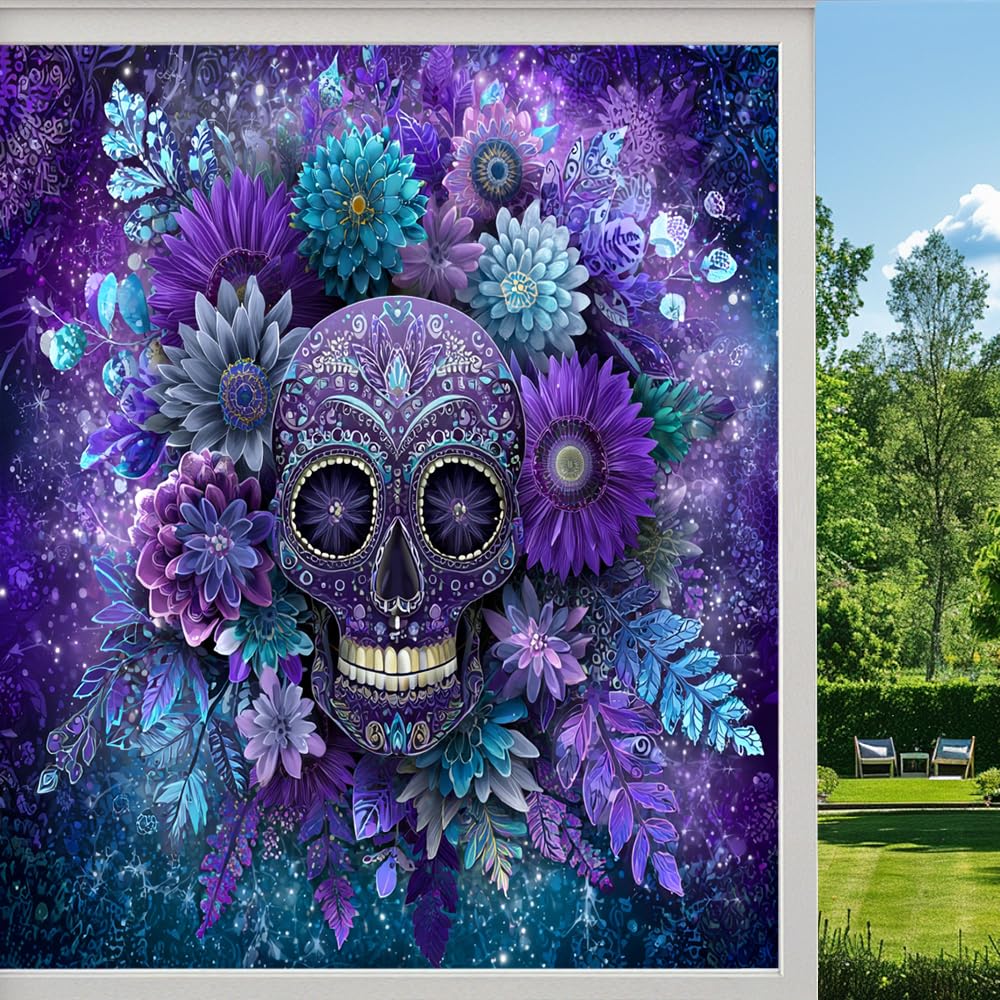 Abstract Skull Frosted Window Film, Gothic Horror Skeleton Flowers Stained Glass Privacy Film, Heat Insulation Self-Adhesive Vinyl for Bathroom Office, （90x140cm）