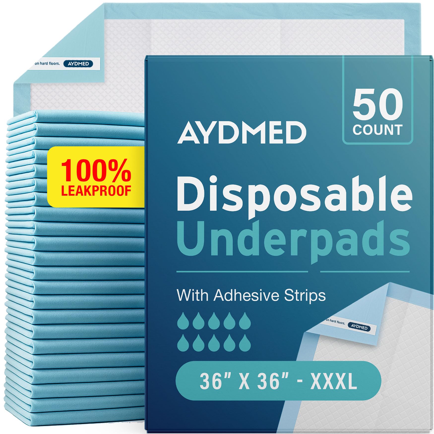 Aydmed Blue 50 X Incontinence Underpads 36" X 36" | Xxxl Bed Pads Disposable Adult | Max Absorbency Chux Pads For Adults, Children & Babies | Incontinence Bed Pads & Pee Pads