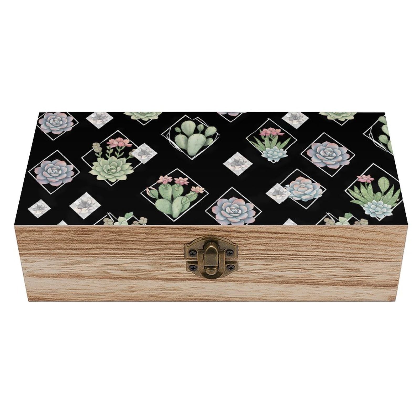 HLBSDM Succulent Flowers Floral Cactus Black Wooden Storage Box