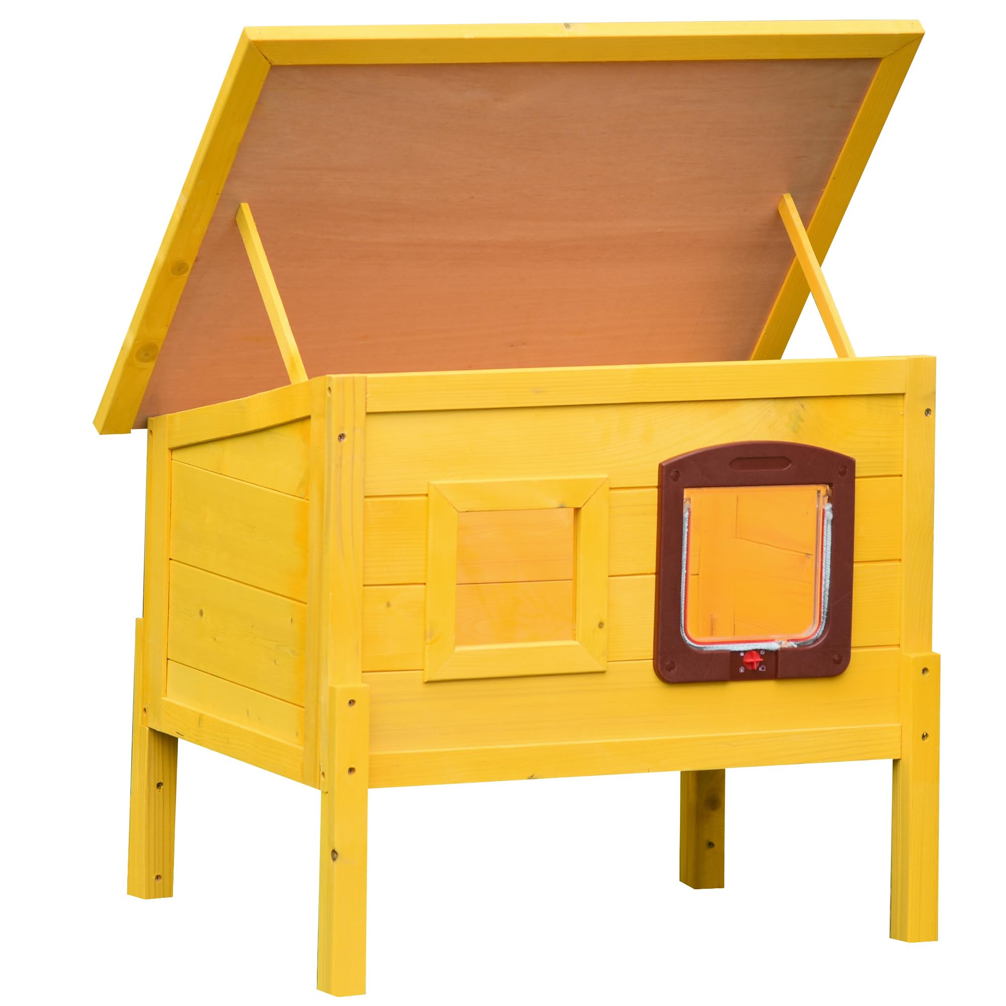 PawHut Maison pour Chat en Bois Toit Résistant à l'eau avec Porte Jaune