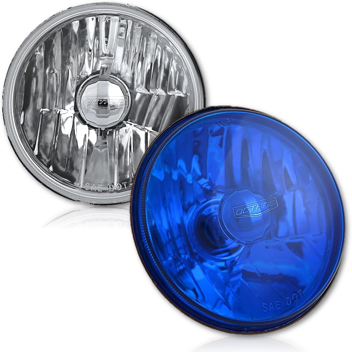 Octane Lighting 5-3/4" Halogen Diamond Crystal Clear Blue Headlight Headlamp 60/55W H4 Bulbs Set