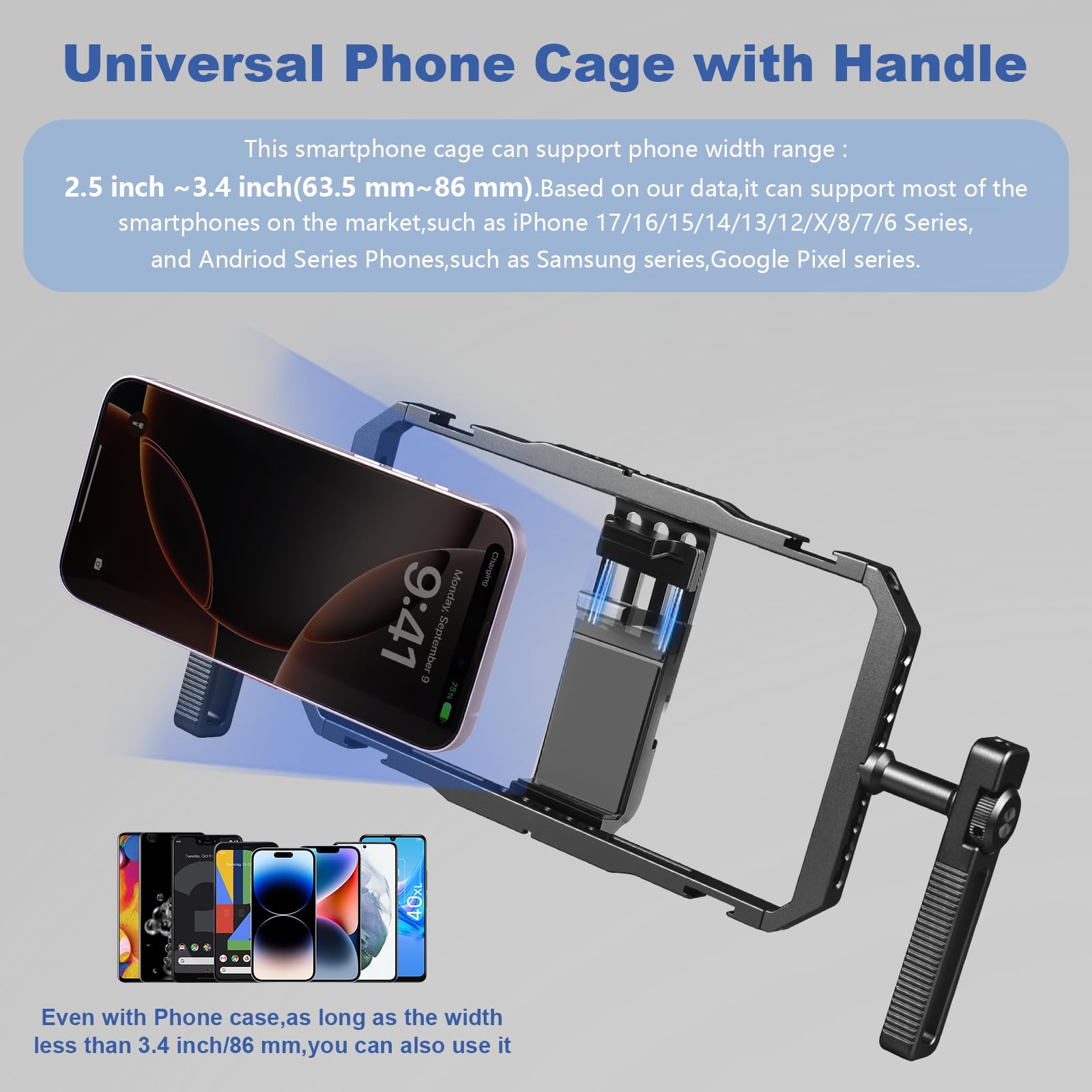 Kit di stabilizzatore manuale universale per cellulare per Vlogging, Smartphone Gabbia Video Rig con manopole di rotazione a 360°, compatibile con iPhone 17/16/15/14/13 serie e telefono cellulare