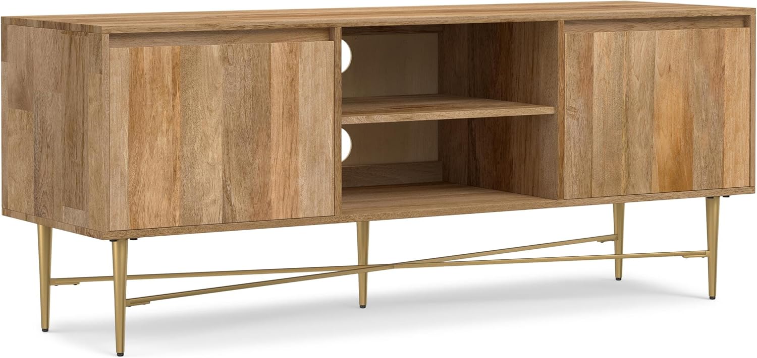 SIMPLIHOME Fallon SOLID MANGO WOOD 60 inch Wide Contemporary TV Media Stand in Natural For TVs up to 65 inches for the Living Room and Entertainment Center