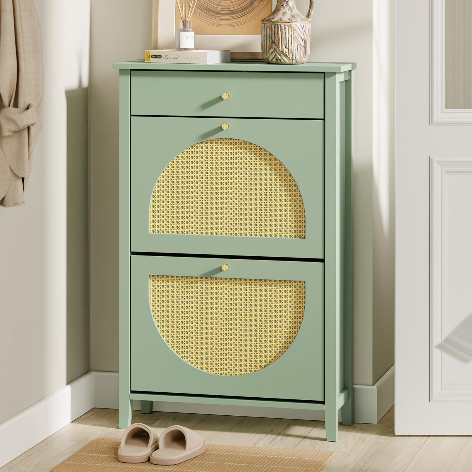 SoBuy Zapatero Estrecho - 2 Puertas 1 Cajón 62x25x97cm Entrada | Zapatero Recibidor MDF Con Puertas De Ratán, Cajón, Capacidad 8 Pares, Para Recibidor Pequeño, Verde Amarillo, FSR223-GR