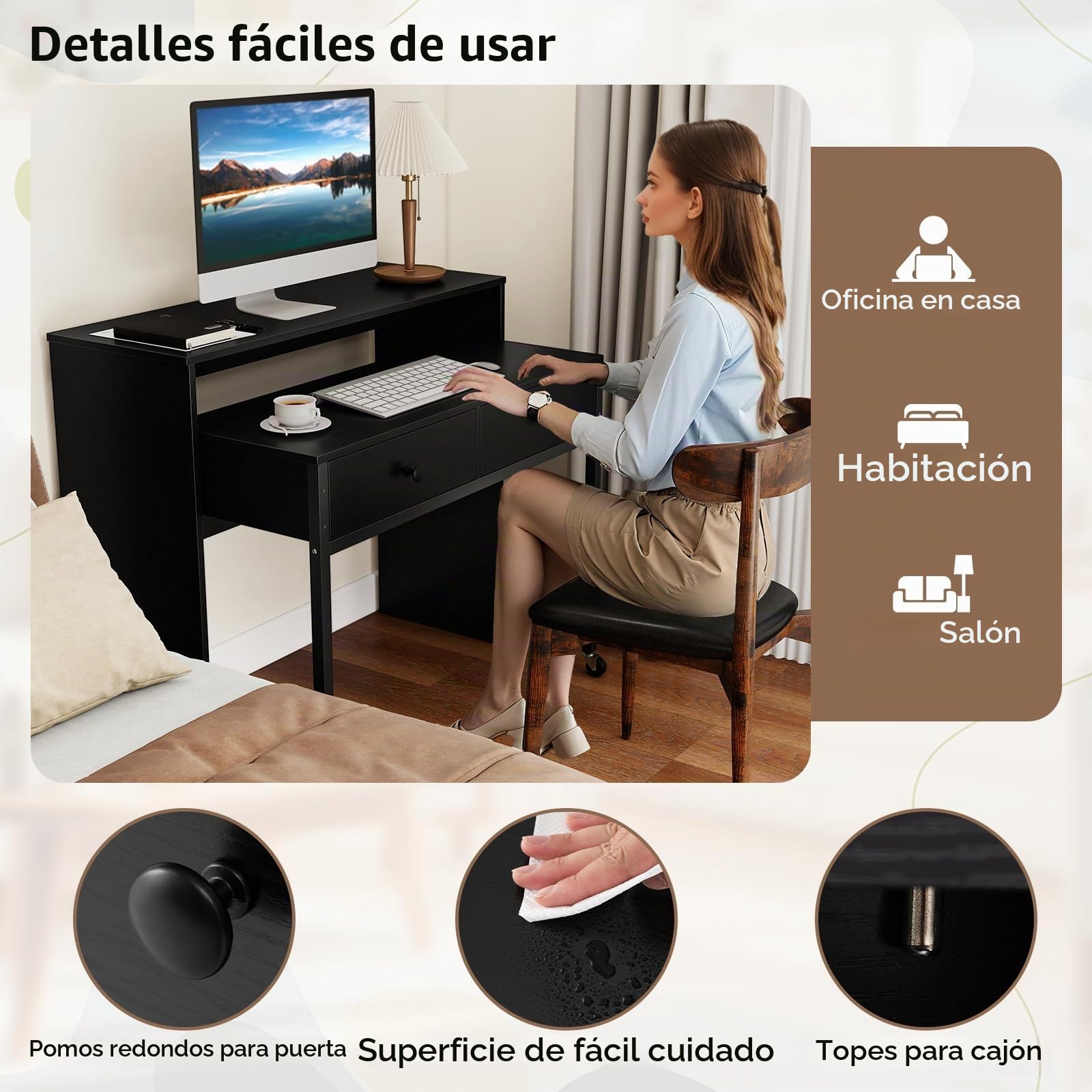 GIANTEX Escritorio de Ordenador con Tablero Extensible, 100 x 63 x 88 cm, 2 Cajones de Almacenamiento y Estante Abierto, Diseño Compacto con Ruedas, Mesa de Trabajo para Dormitorio, Oficina (Negro)