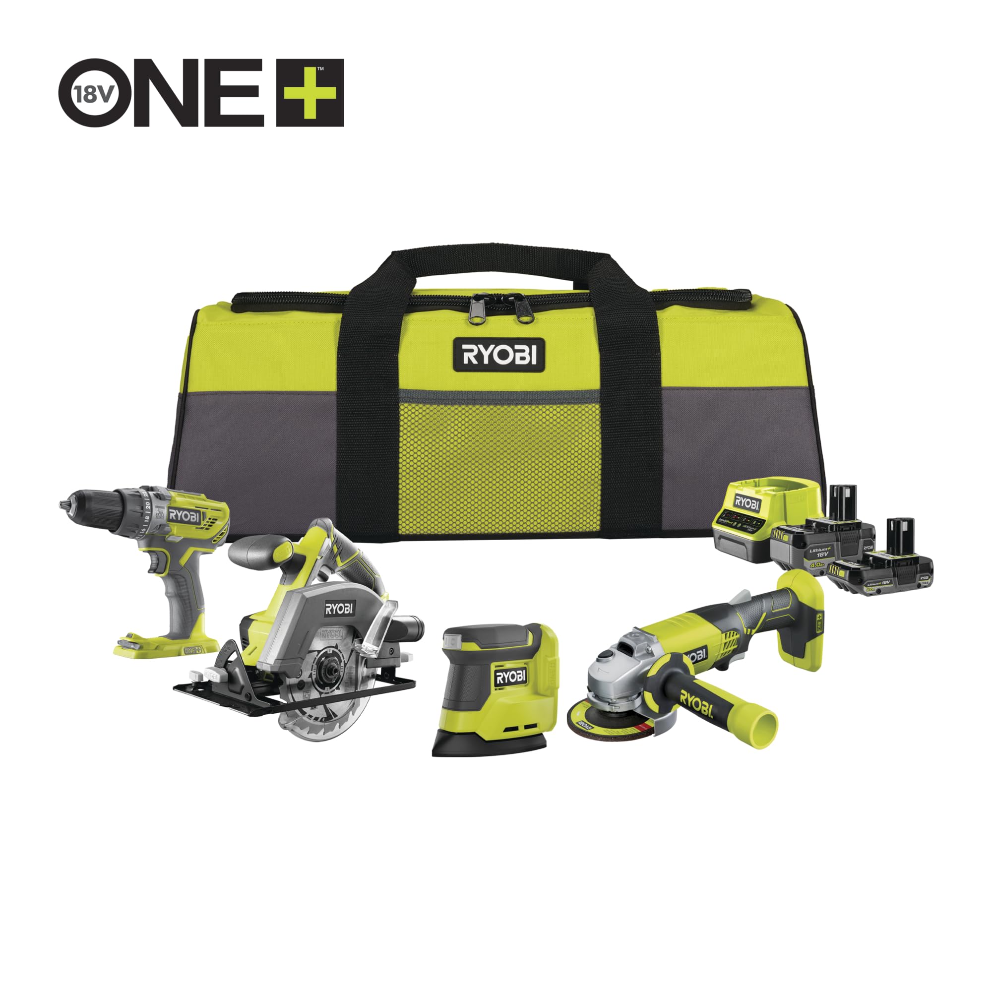 Ryobi RCK184O-242SZL, Kit Utensili da 4 pezzi, Trapano Avvitatore + Smerigliatrice Angolare + Levigatrice + Sega Circolare, 1 Batteria 4.0Ah e 1 Batteria 2.0Ah + Caricabatterie e Borsa Portautensili