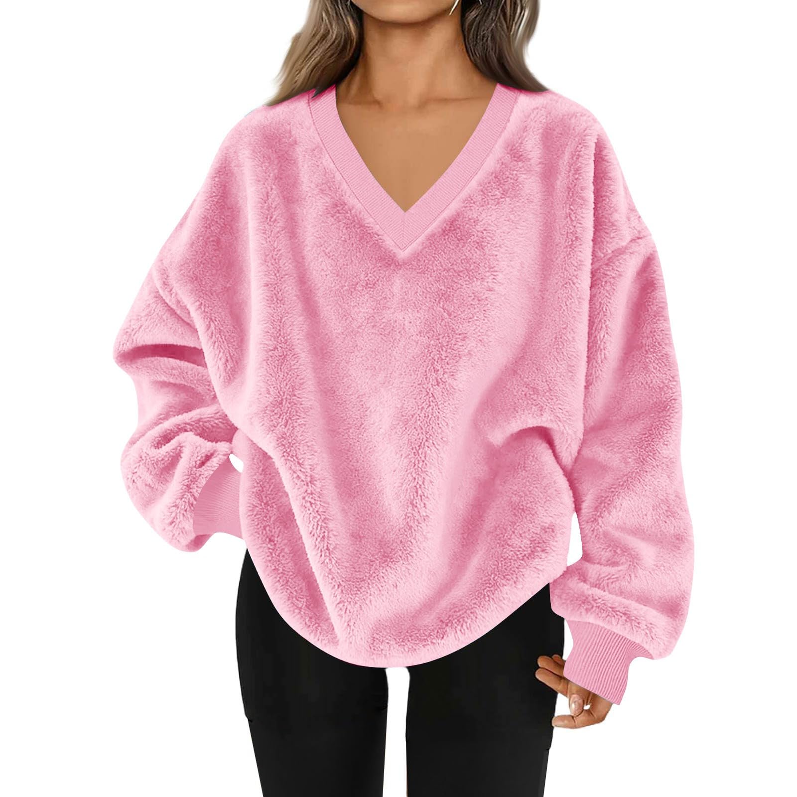 Women Winter Sweaters Soft Cozy Long Sleeve V Neck Lightweight Casual Pullover Oversized Fuzzy Warm Pullover Tops