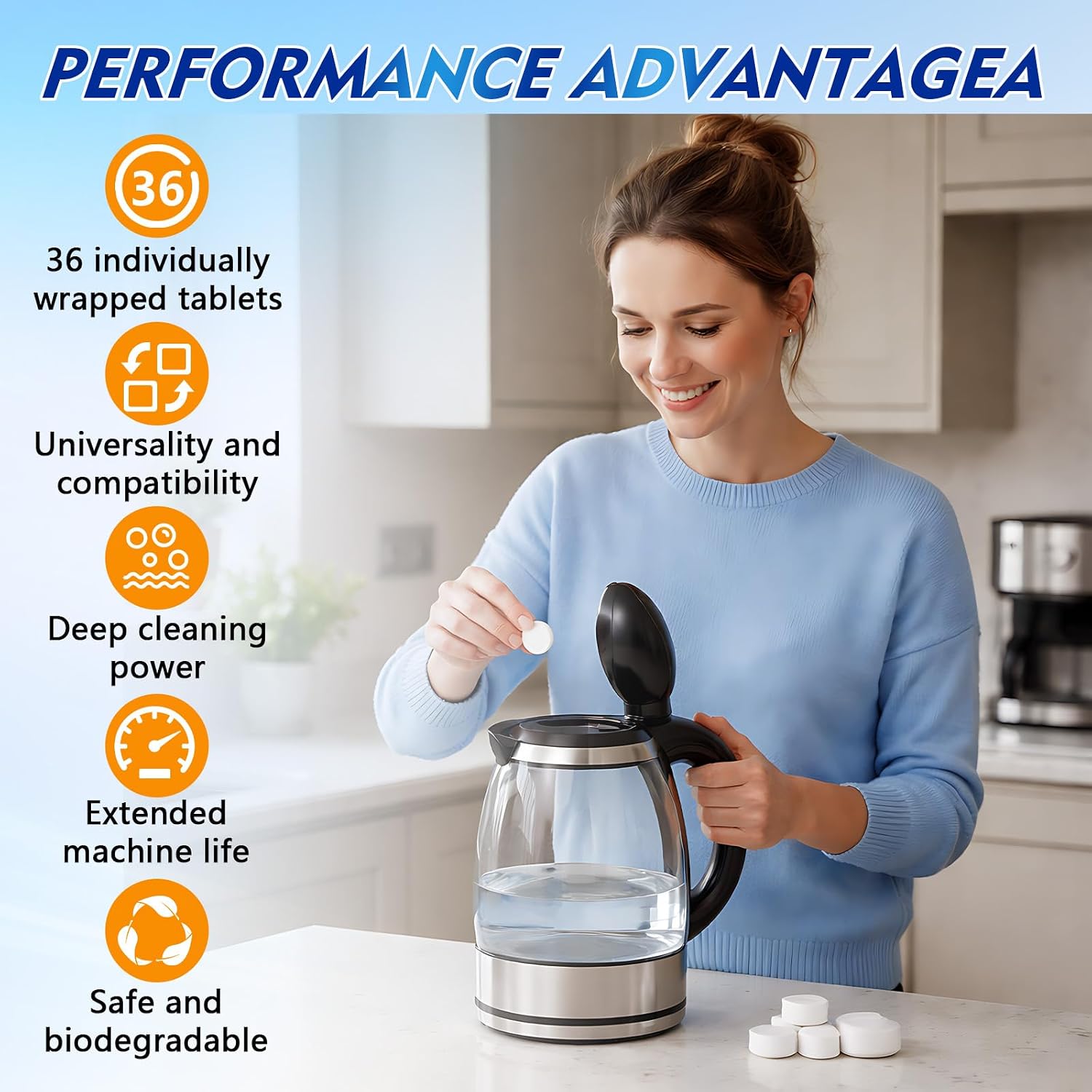 Kettle Descaler Tablet 36 Pcs, Citric Acid Limescale Remover for Kettles, Coffee Makers, Irons and Shower Heads, Powerful Descaling Tablets for Home Appliances