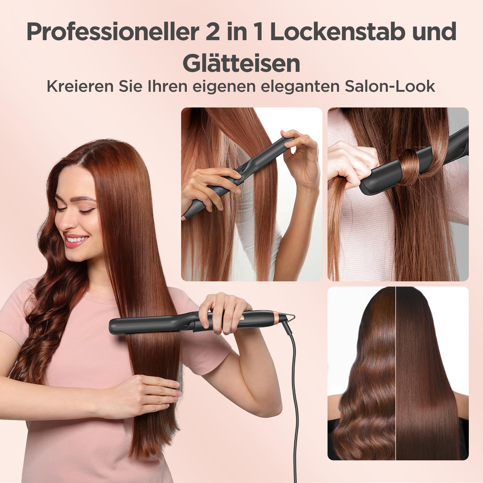BESTOPE MIX Fer à Boucler Fer à Lisser, Fer à Boucler, 3 Feuilles, Fer Ondulé Céramique Antistatique pour Cheveux, Température Réglable de 150 à 210℃, Chauffage Rapide, Or Rose