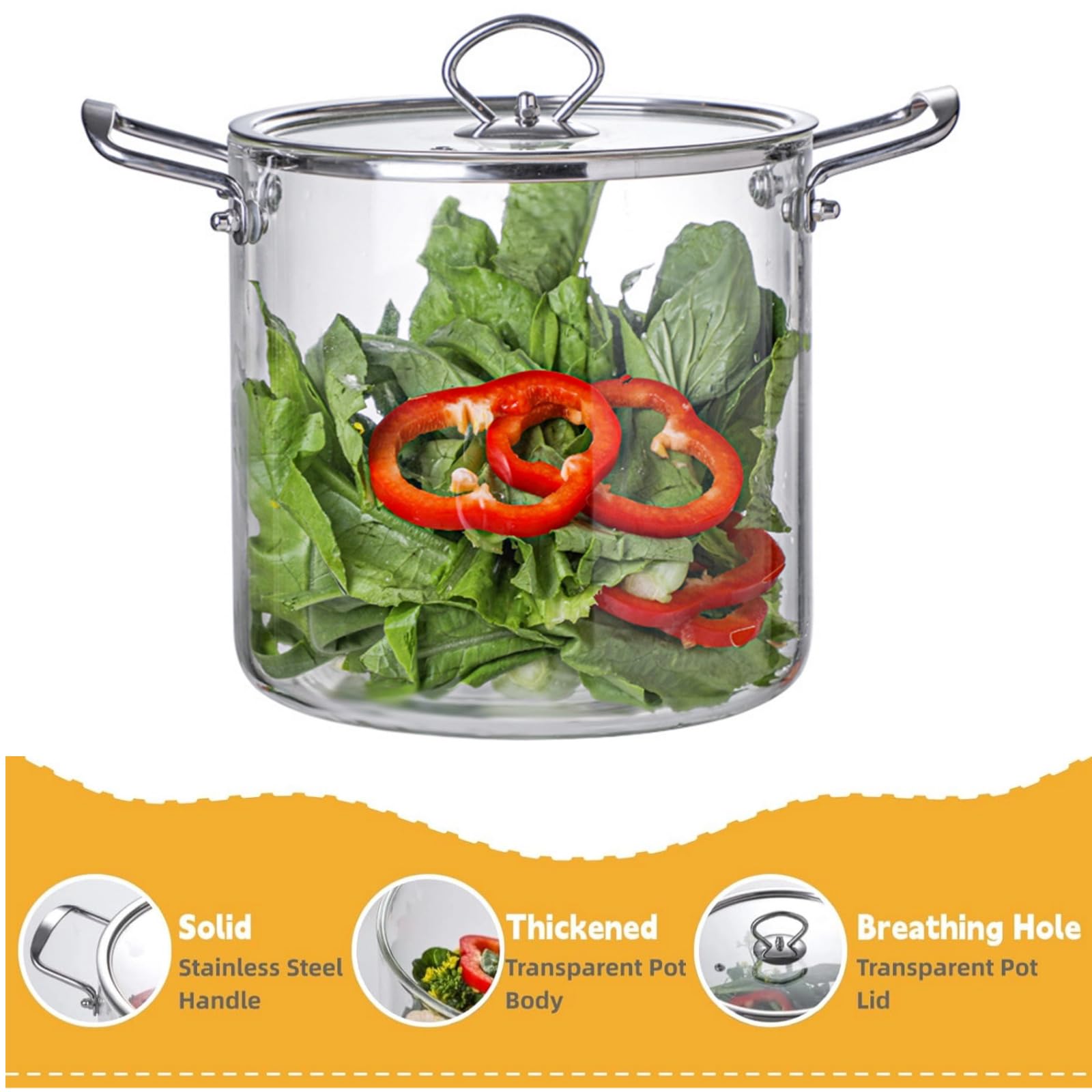 Olla de Vidrio con Tapa, Cacerola de Borosilicato Resistente al Calor para Cocina, con Asas Dobles de Acero Inoxidable, Ideal para Sopa, Leche, Pasta y Más (5.5 L)
