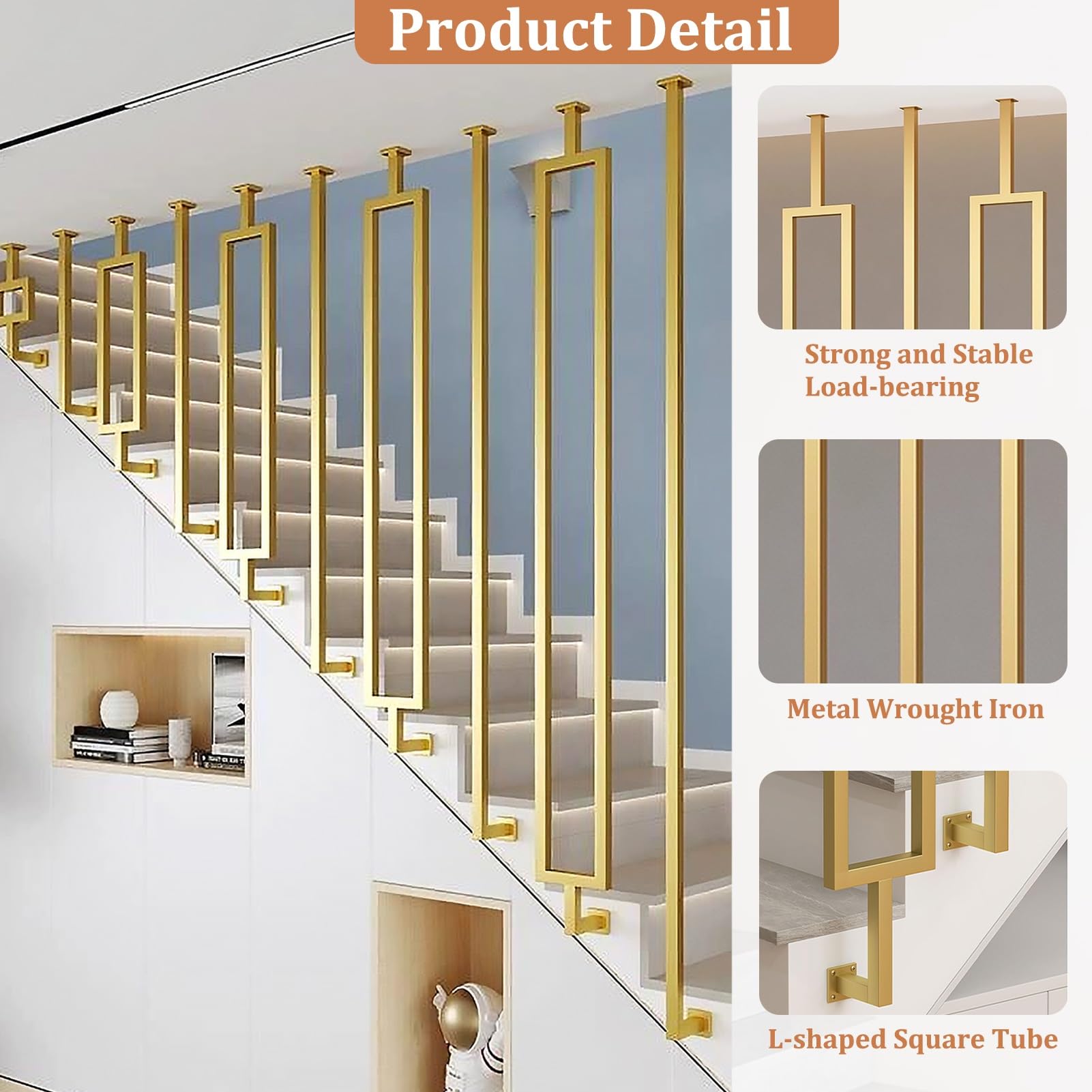 Escalera antideslizante en forma de L | Guardil de barandilla interior para lofts | Barra de soporte montada en el techo | Balaustre dorado de 4 pies para seguridad y estabilidad