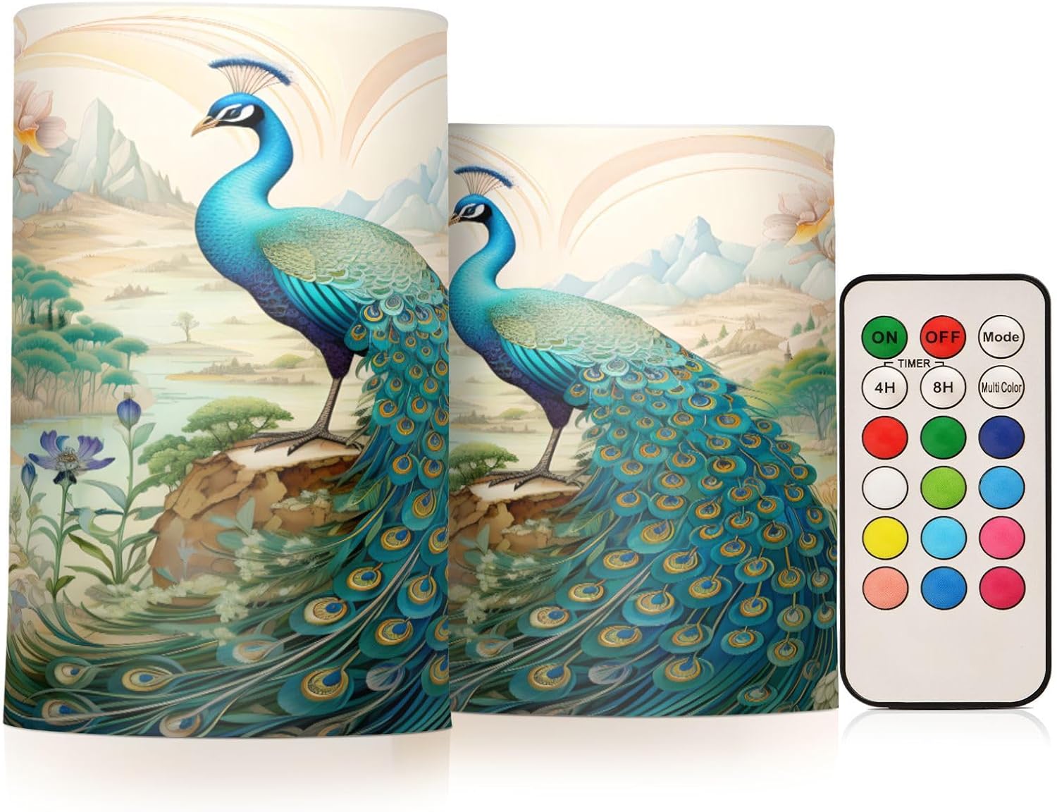 Flickering Flameless Candles, Peacock Garden LED Candles with Remote Timer, Set of 2 Battery Operated Candle for Valentine Wedding Birthday