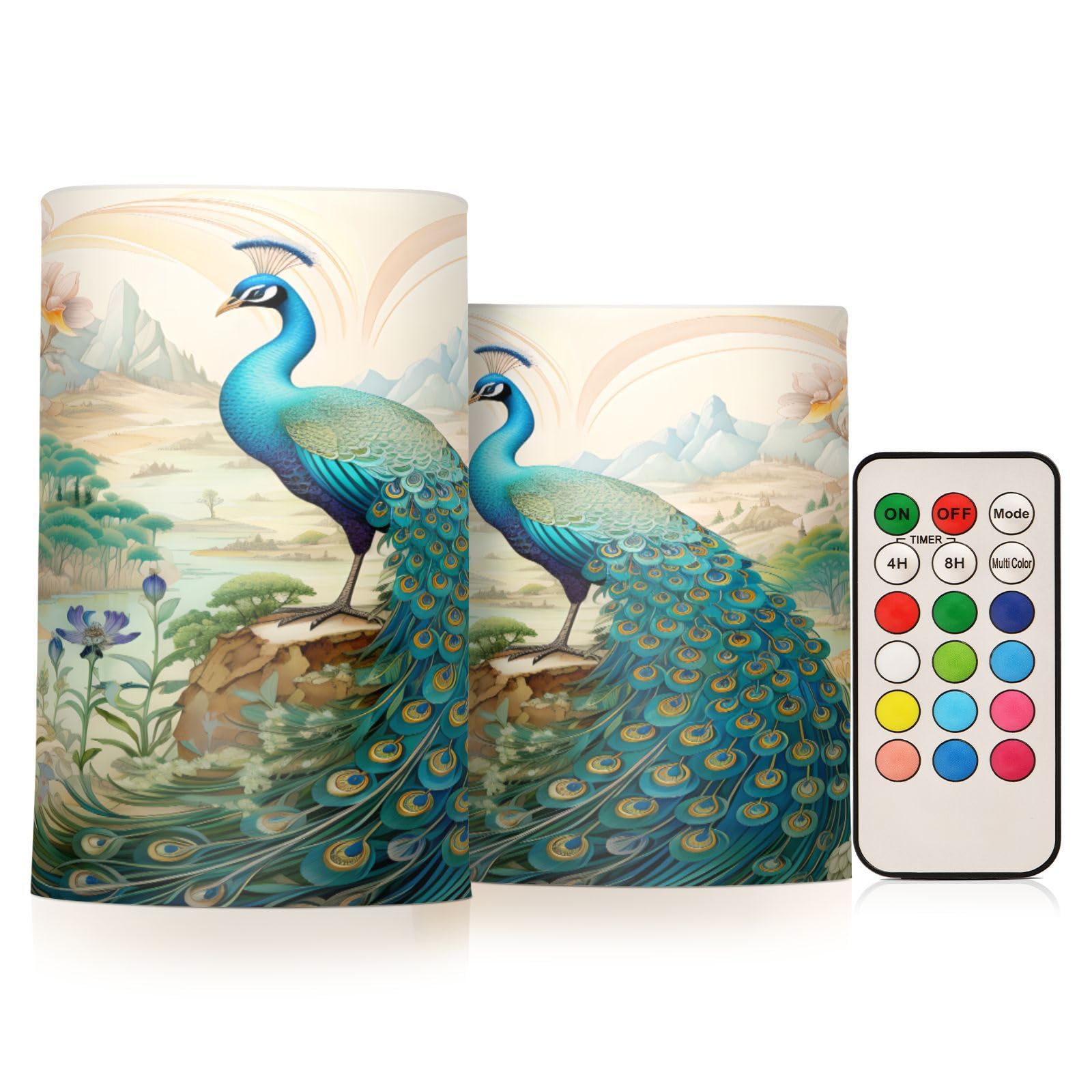 Mnsruu Flickering Flameless Candles Peacock Garden LED Candles with Remote Timer Set of 2 Battery Operated Candle Home Decoration