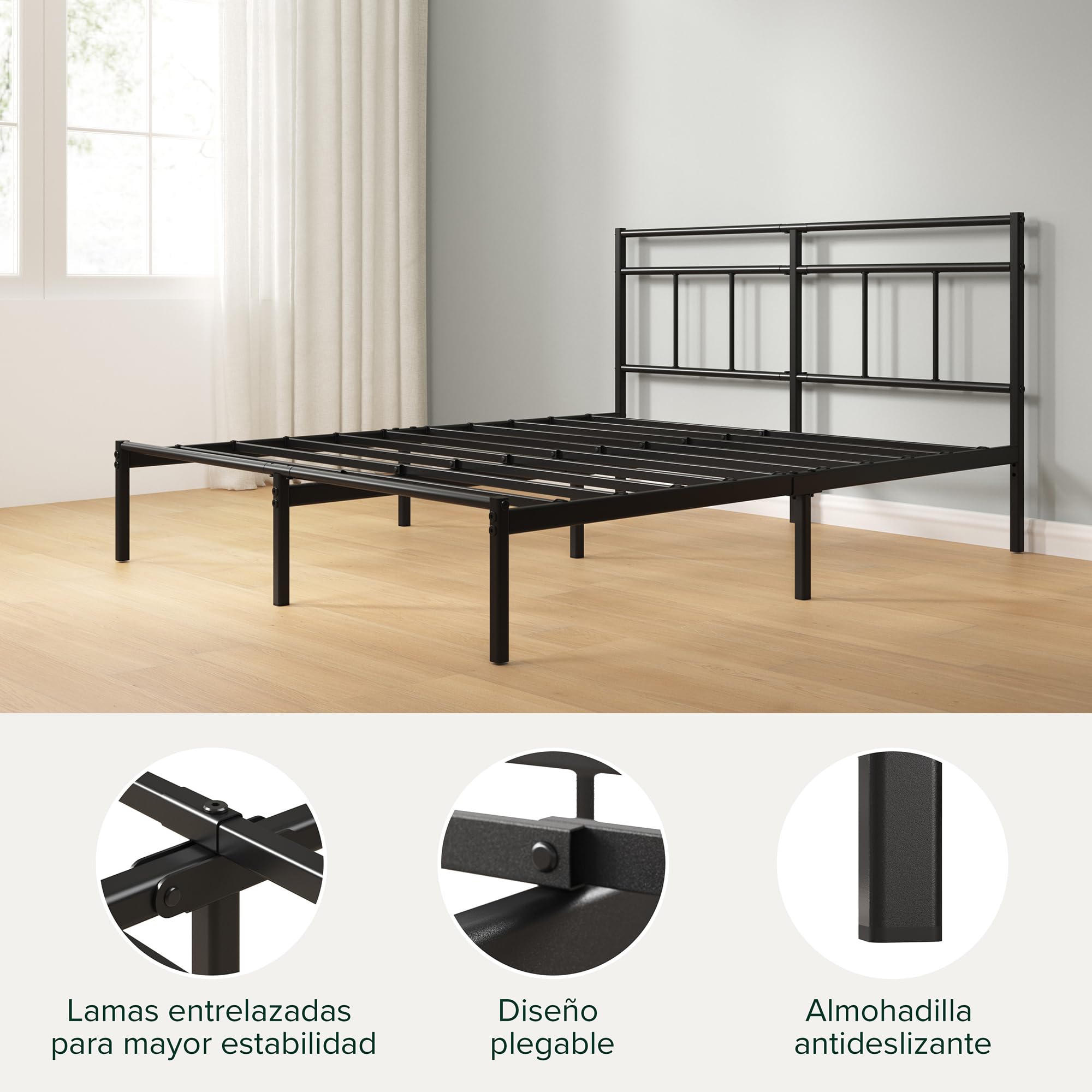 Zinus Łóżko Elias 90 x 190 cm - Metalowy stelaż z zagłówkiem - Wysokość 30 cm - Łóżko kontynentalne z blachy metalowej - Łatwy montaż - schowek pod łóżkiem - Nowoczesny design - Czarny