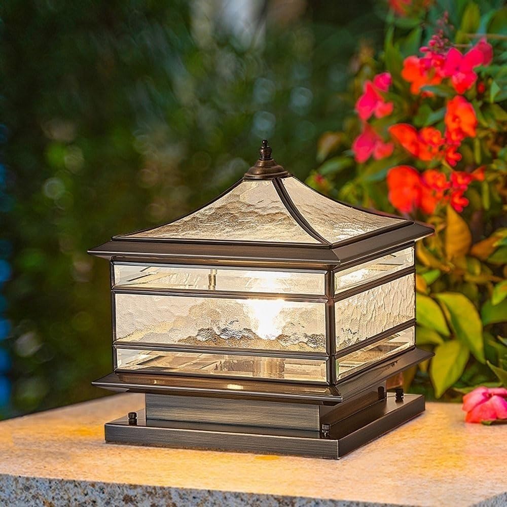 Europejskie miedziane lampy ogrodzeniowe na zewnątrz, szklana kolumna zacieniająca do ogrodu, na taras, patio lub podwórko, latarnia, filar, krajobraz (25 cm / 9.8in)