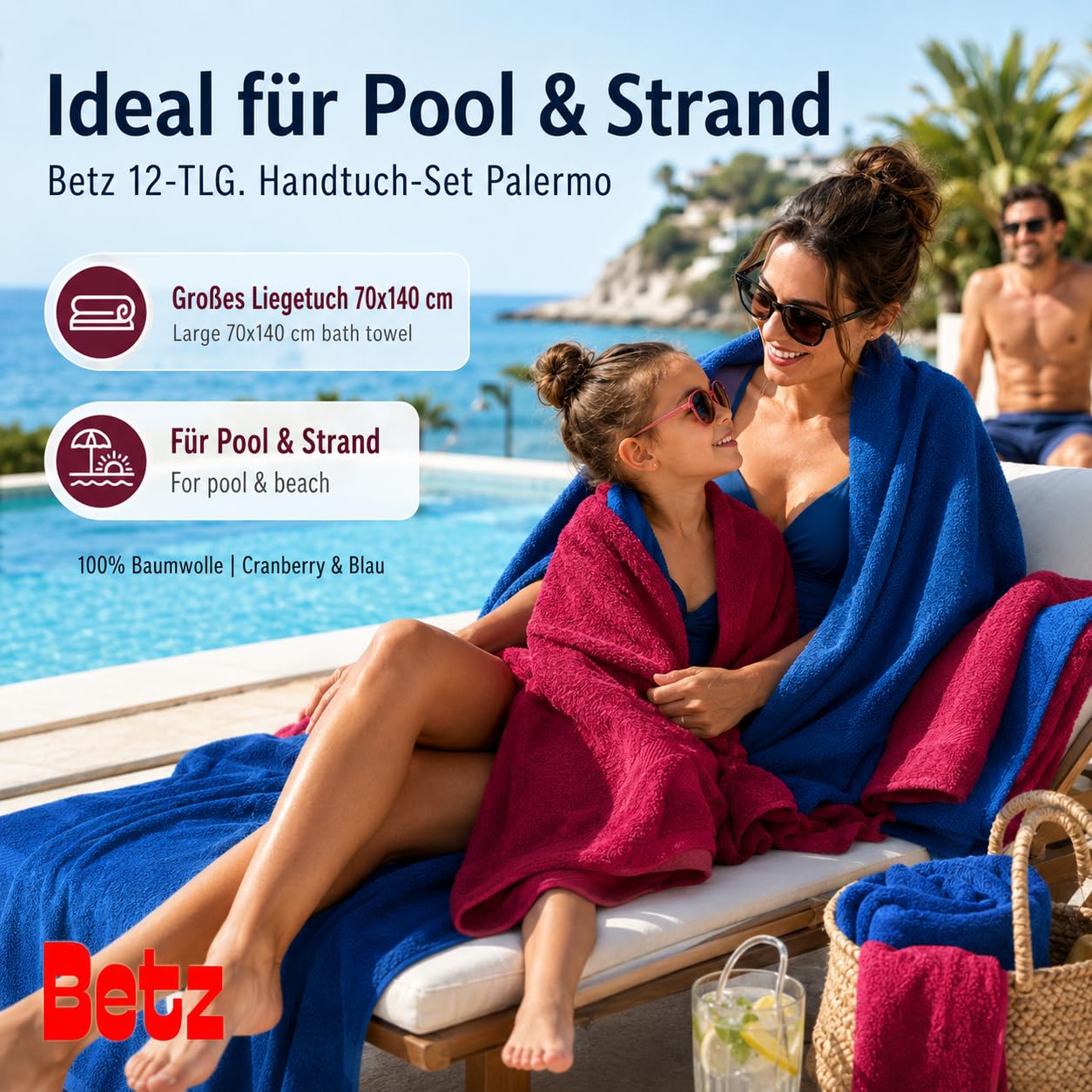 Betz Lot de 12 pièces 100% Coton Palermo 2 draps de Bain 4 Serviettes de Toilette 2 d'invités 2 lavettes 2 Gants de Toilette Couleur Rouge Canneberge et Bleu