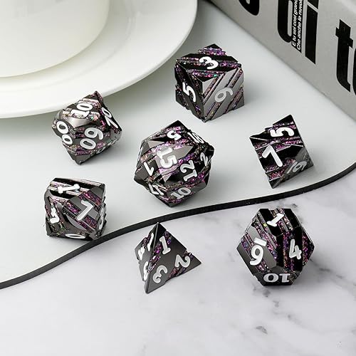 Miniatura 6 de DNDND - Dados de metal a rayas, dados de rayas metálicas con caja de metal de regalo para Dungeons and Dragons D&D (rayas moradas)