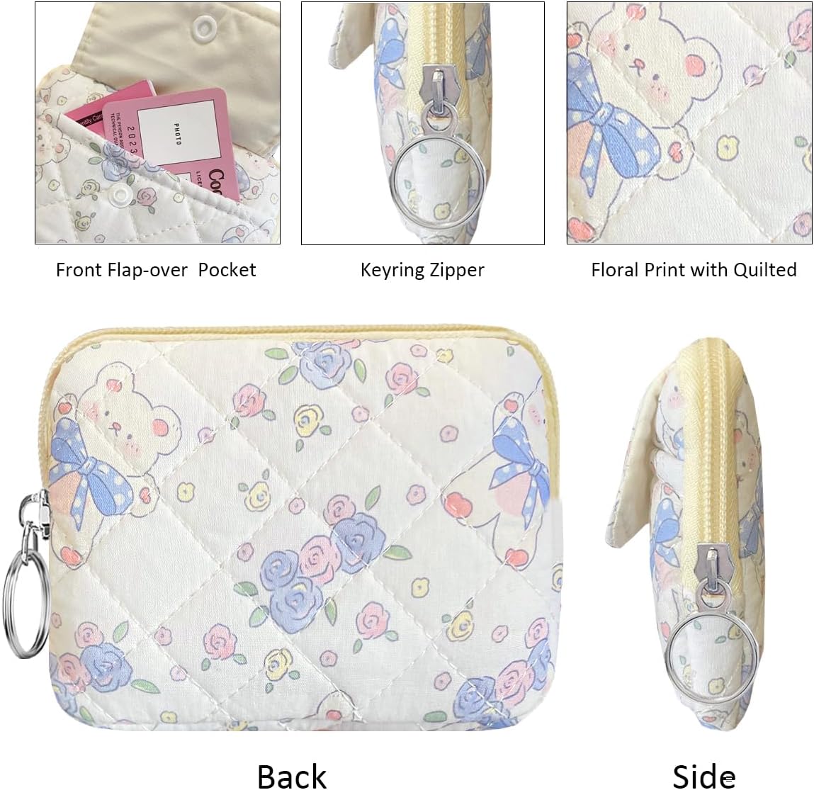 Cotton Quilted Floral Coin Pouch with Cute Prints Zipper for Women Girls (ROSE BEAR) - Image 4