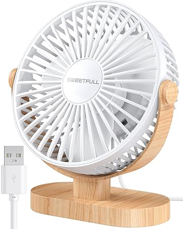 SWEETFULL Small USB Desk Fan 6.5 Inch, 3 Speeds Portable Personal Desktop Table Fan, Dual 360?? Adjustment Mini Fan, Quiet Operation, for Home Office Car Outdoor Travel (White wood grain)