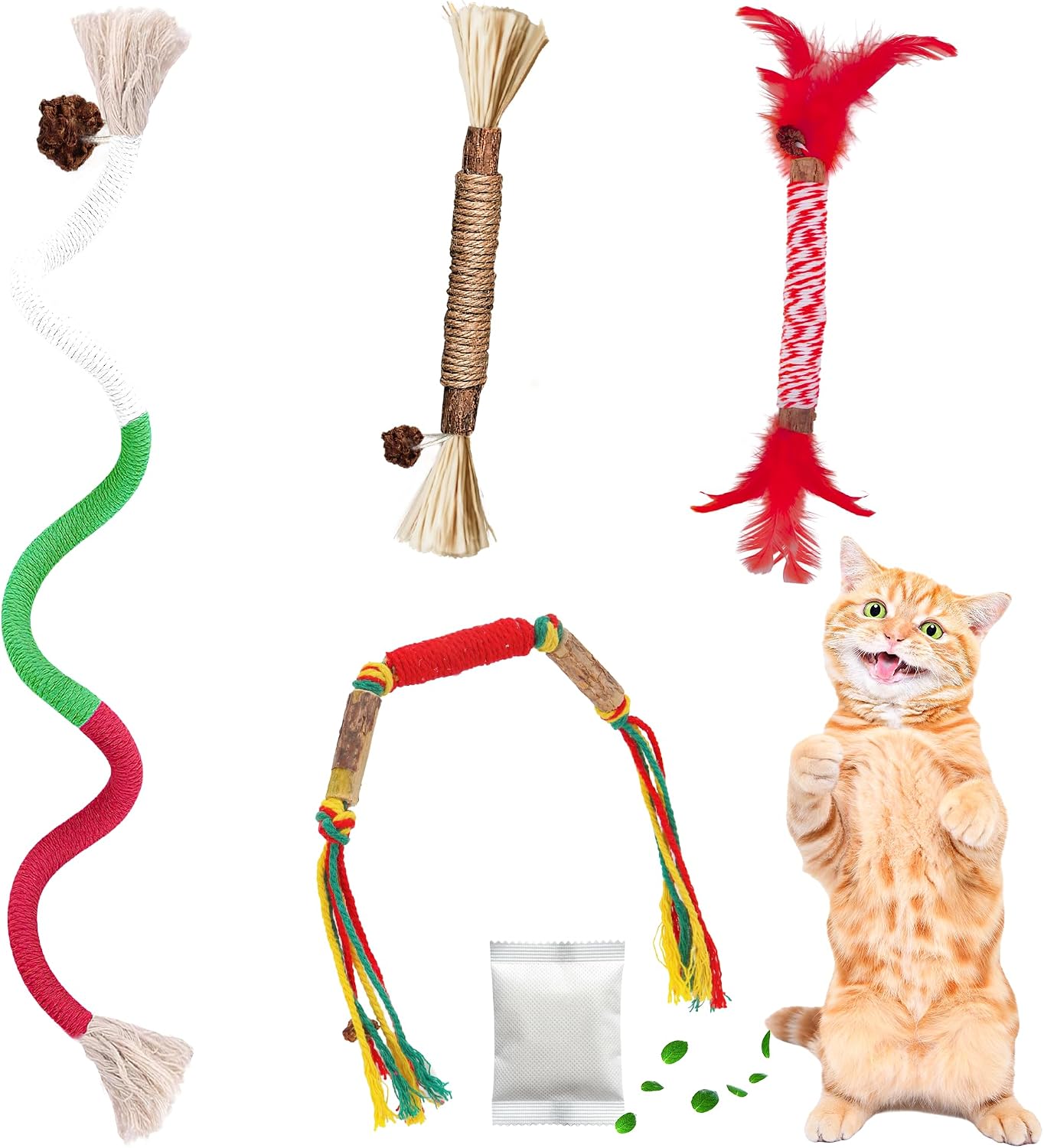 GBSYU Silvervine Sticks for Cats & Cat Chew Rope Toy with Refillable Natural Catnip Bag for Teeth Cleaning, Interactive Cat Catnip Toys for Indoor Cats, Kitten Teething Toys for All Breeds (4Pcs)